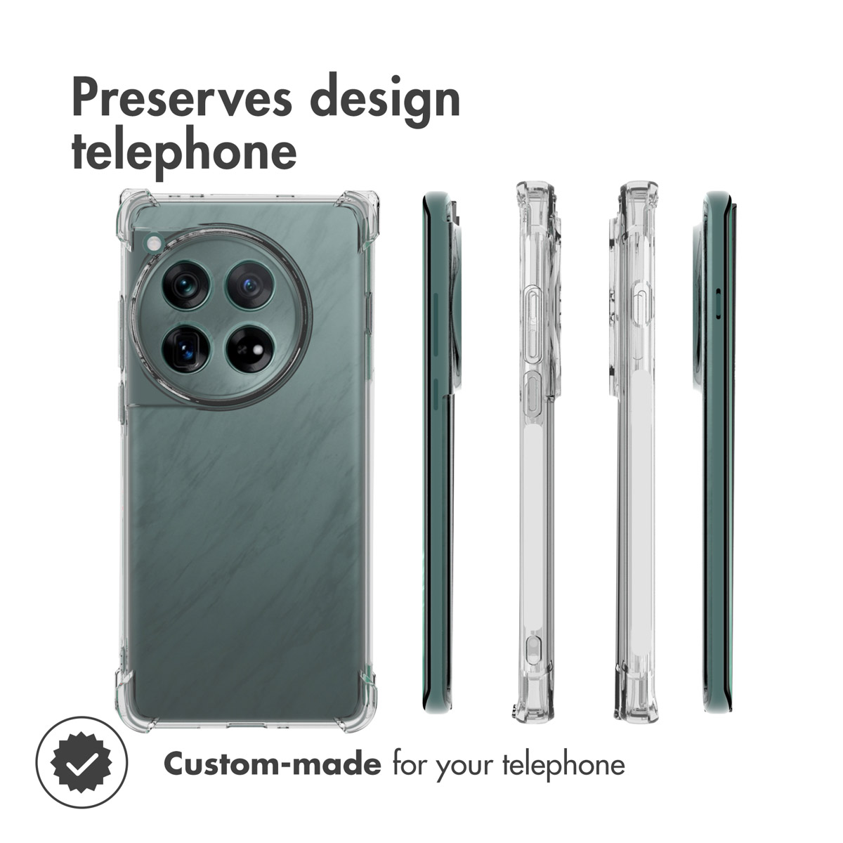 Una funda transparente desde varios ángulos con texto que preserva el diseño.