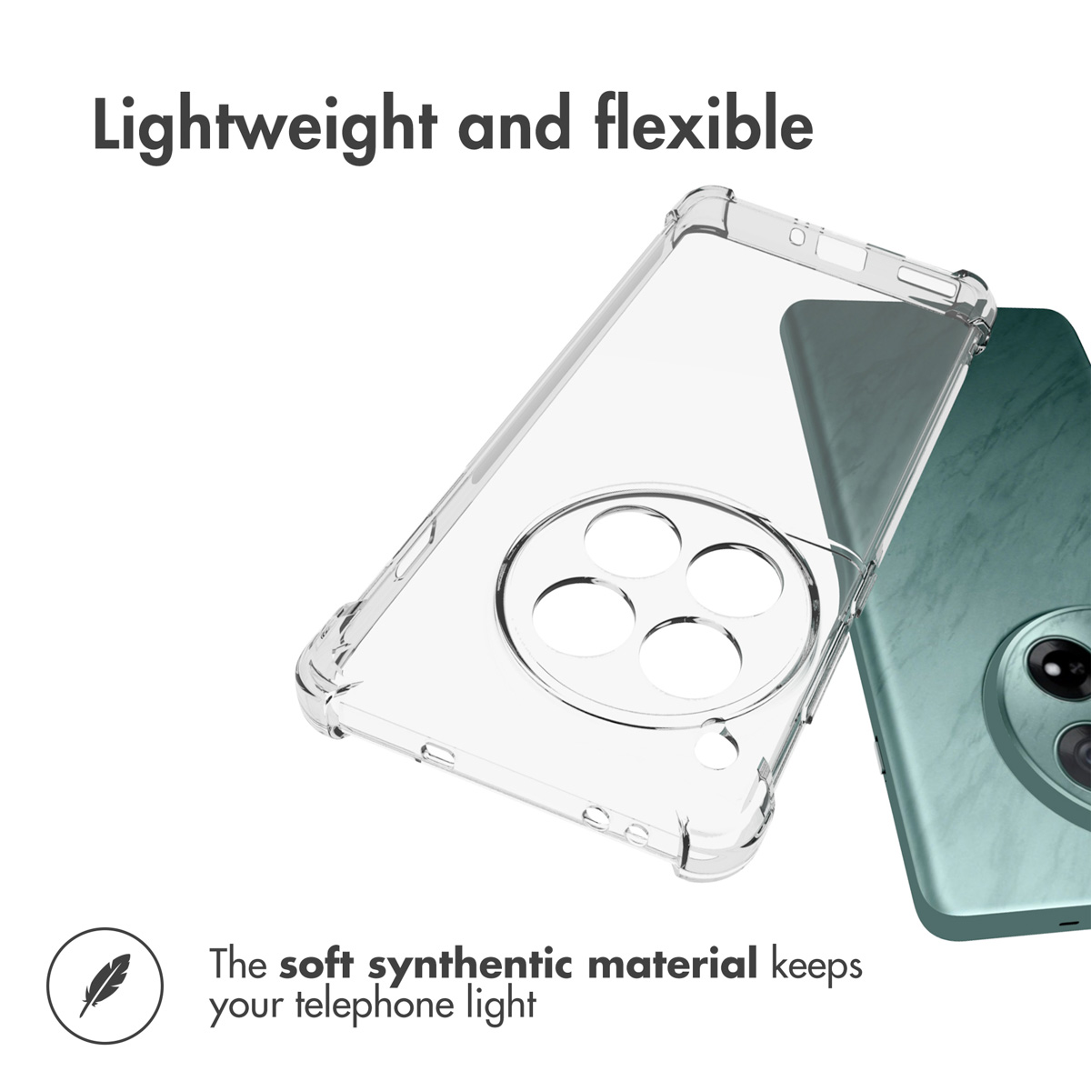 Una funda de móvil transparente y flexible junto a un smartphone verde sobre fondo blanco.