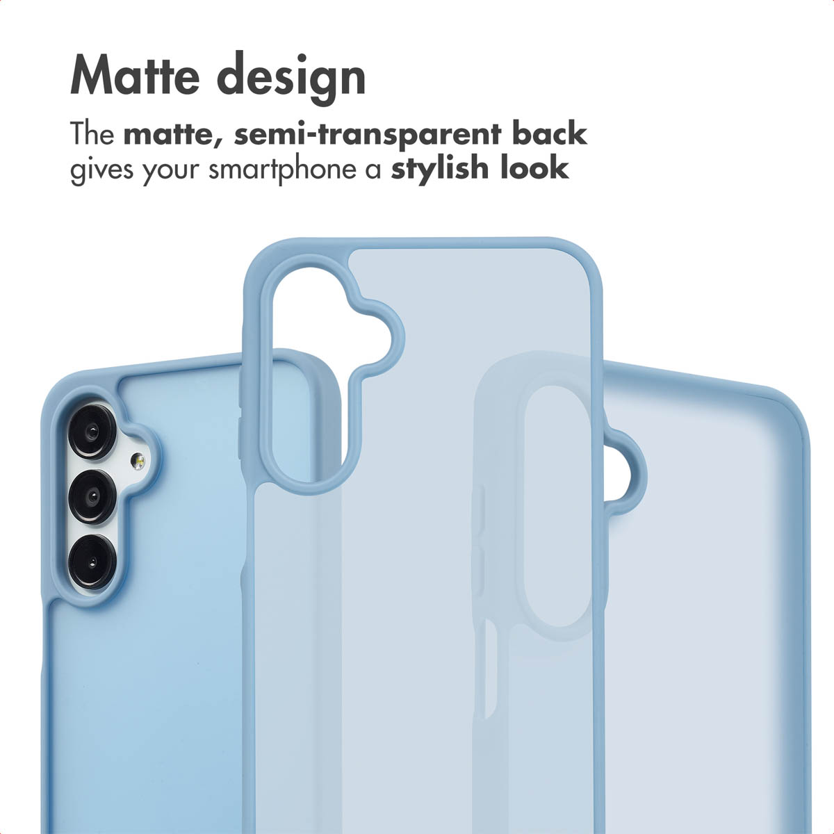 Drie lichtblauwe, matte, semi-transparante smartphonehoesjes tegen een witte achtergrond met tekst.