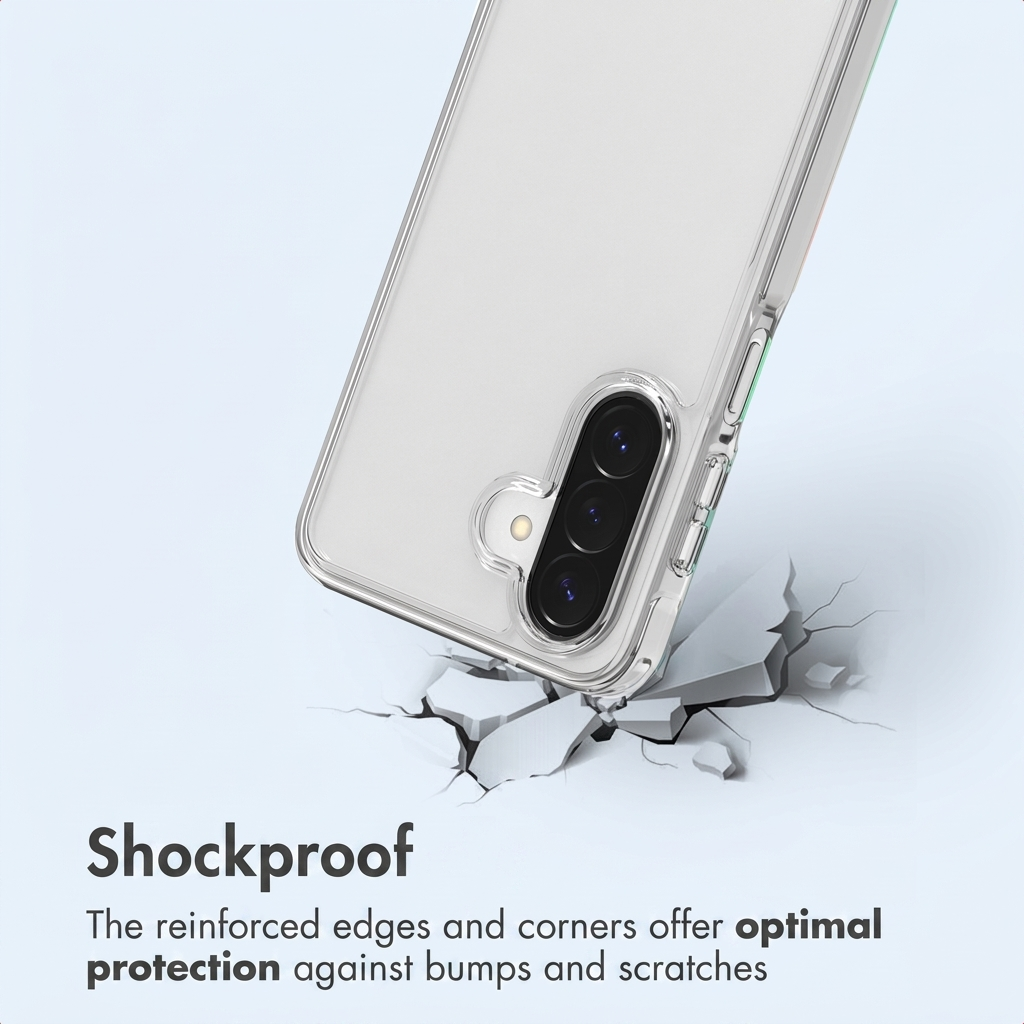 Una funda transparente para teléfono sobre suelo agrietado con texto promocional.