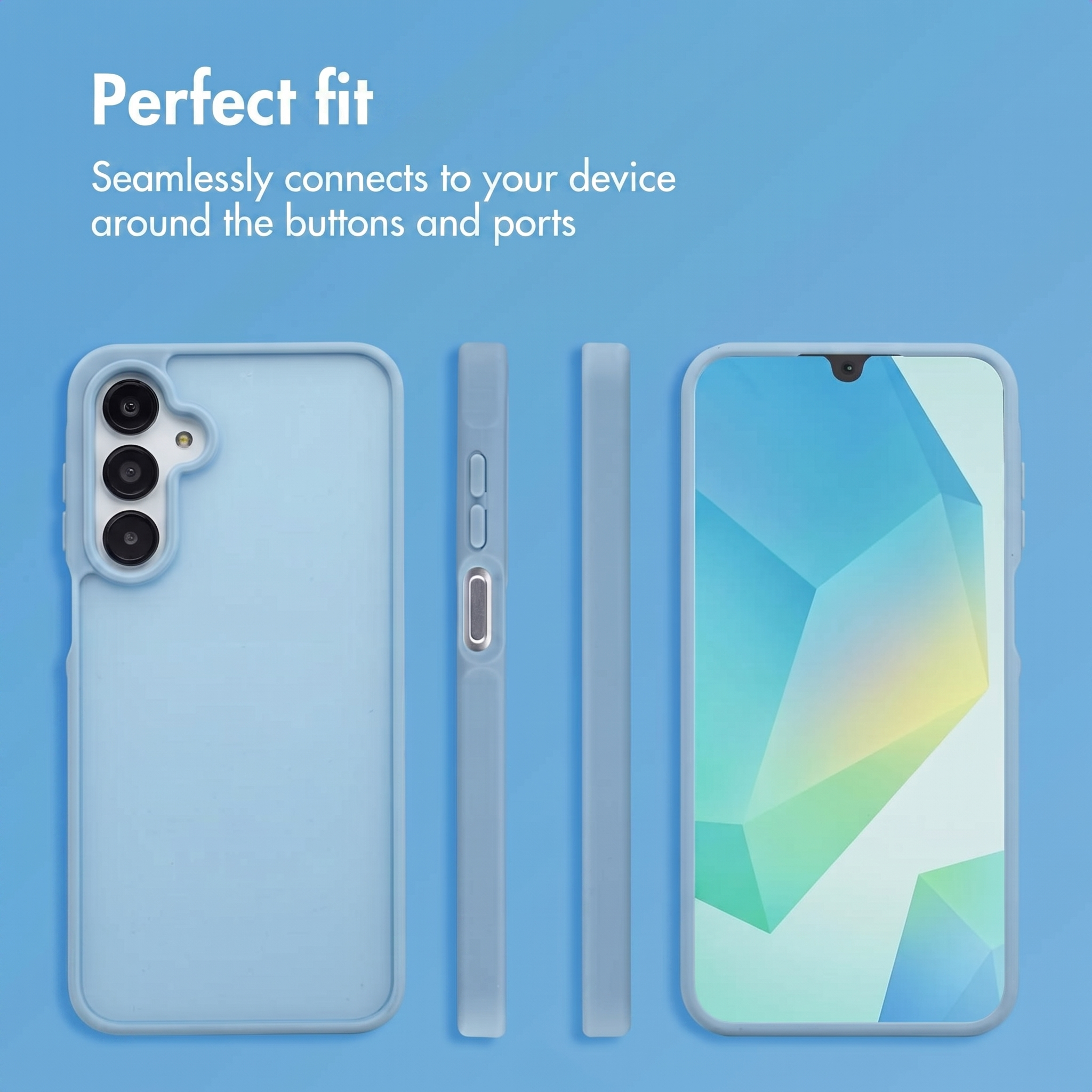 Blauwe smartphonehoes vanuit verschillende hoeken getoond op een blauwe achtergrond.