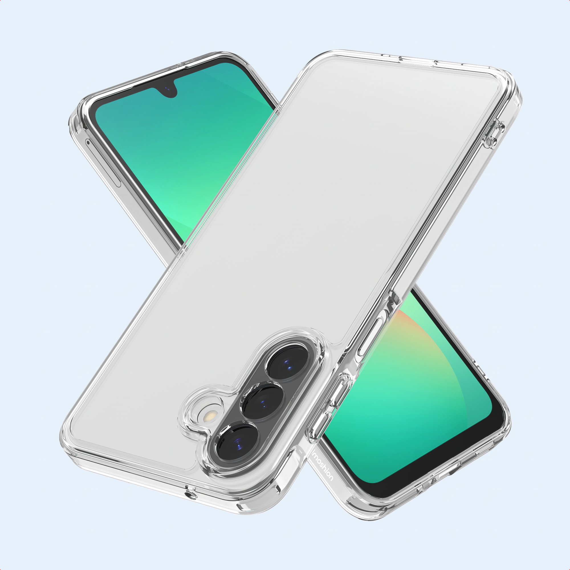 Dos smartphones en fundas protectoras transparentes con cámaras y pantalla verde sobre fondo claro.