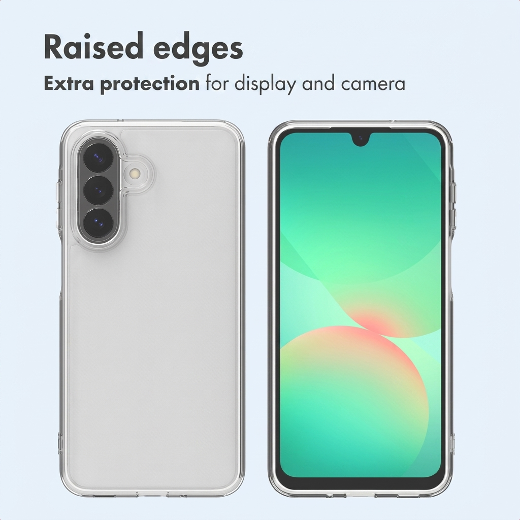 Funda de teléfono con bordes elevados para mayor protección de pantalla y cámara, vistas frontal y trasera.