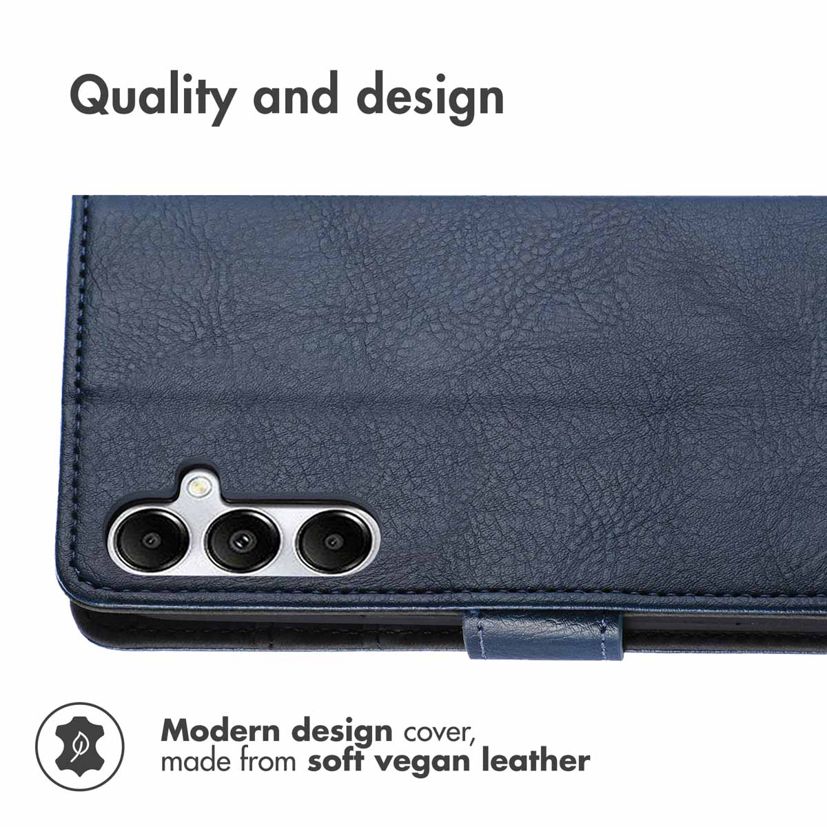 Blaue vegane Lederhülle für Mobiltelefone mit dreifachem Kameraausschnitt und Text oben und unten.