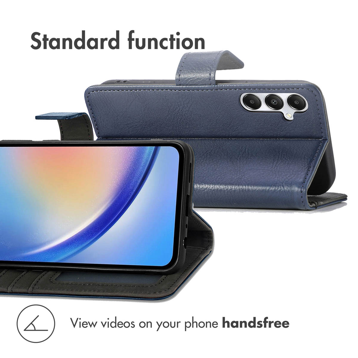 Ein blauer Leder-Handy-Flip-Case-Ständer mit sichtbarem Bildschirm und Kamera.