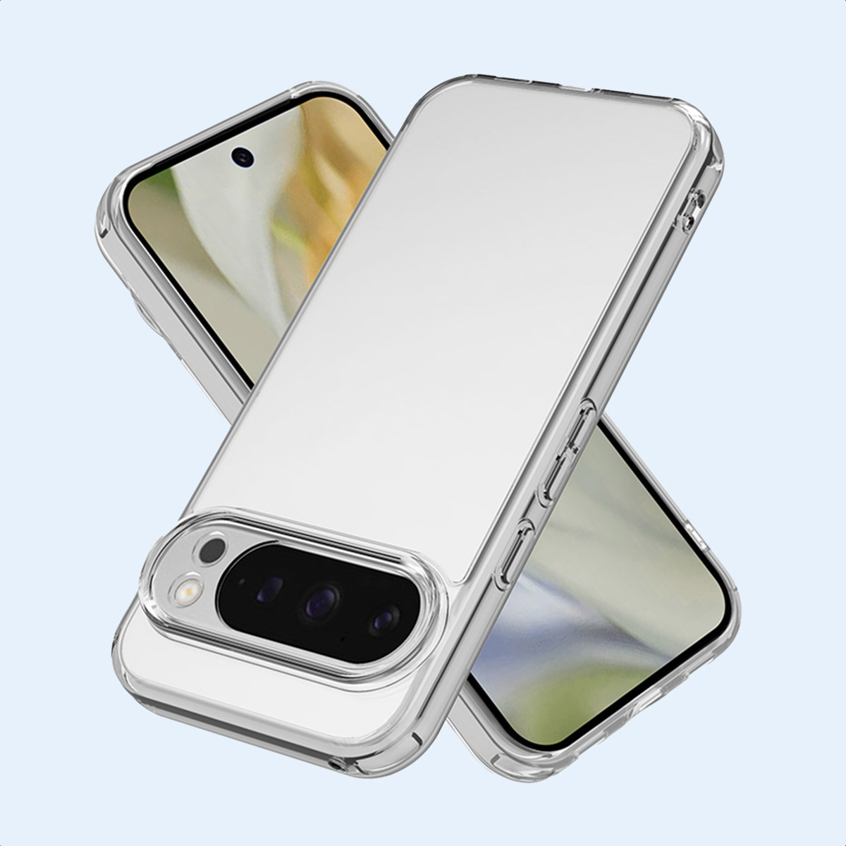 Due smartphone in custodie protettive trasparenti con un modulo fotocamera prominente.