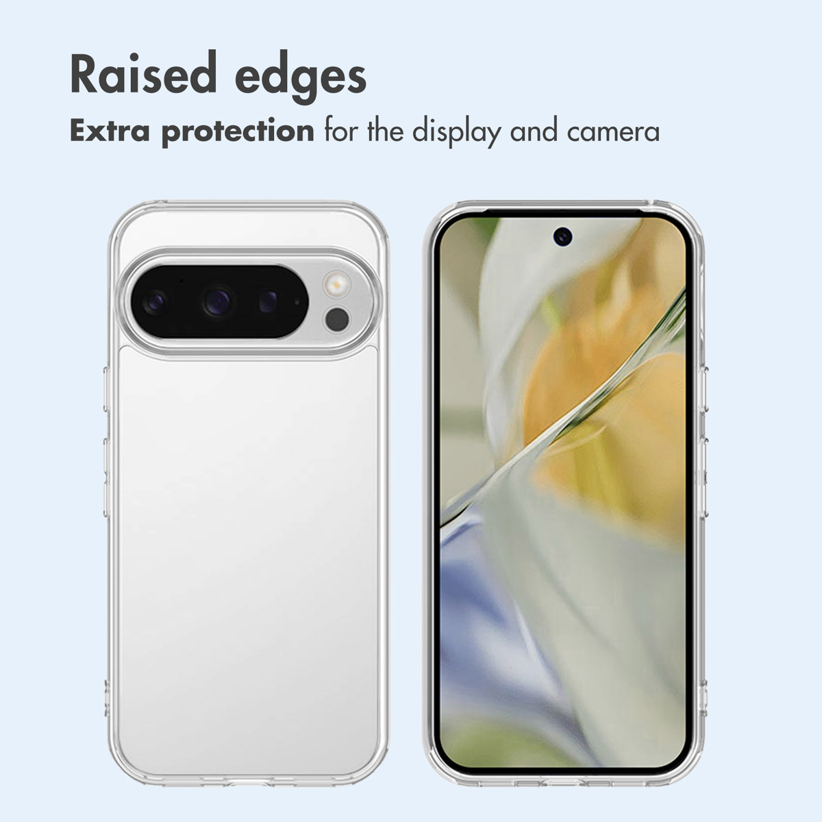 Telefono in custodia trasparente con bordi rialzati per proteggere schermo e fotocamera.