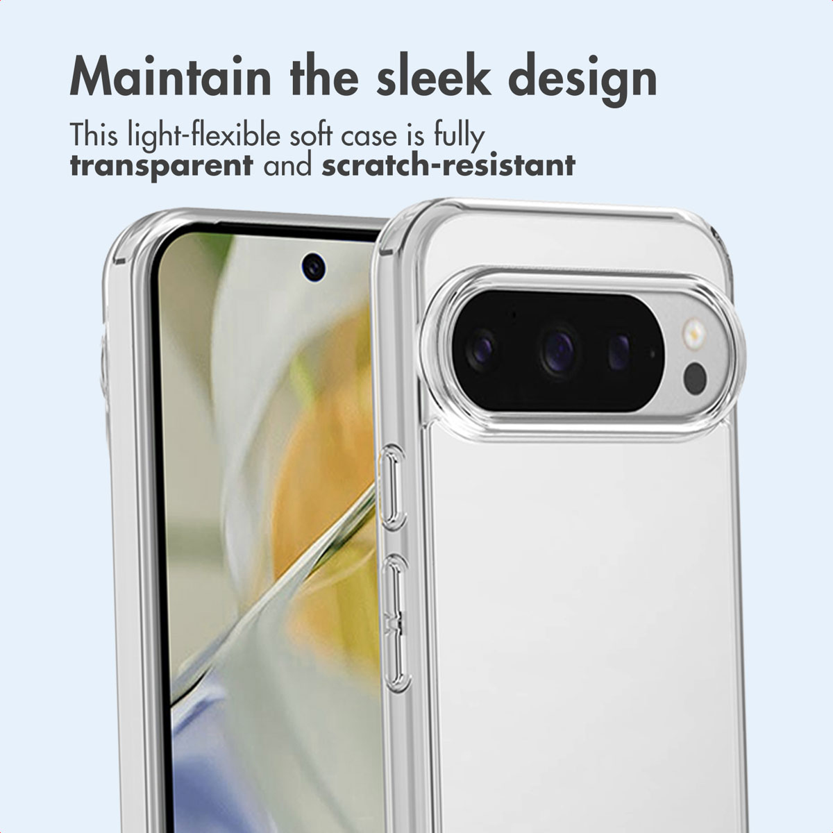 Custodia protettiva trasparente per smartphone con fotocamera sul retro.