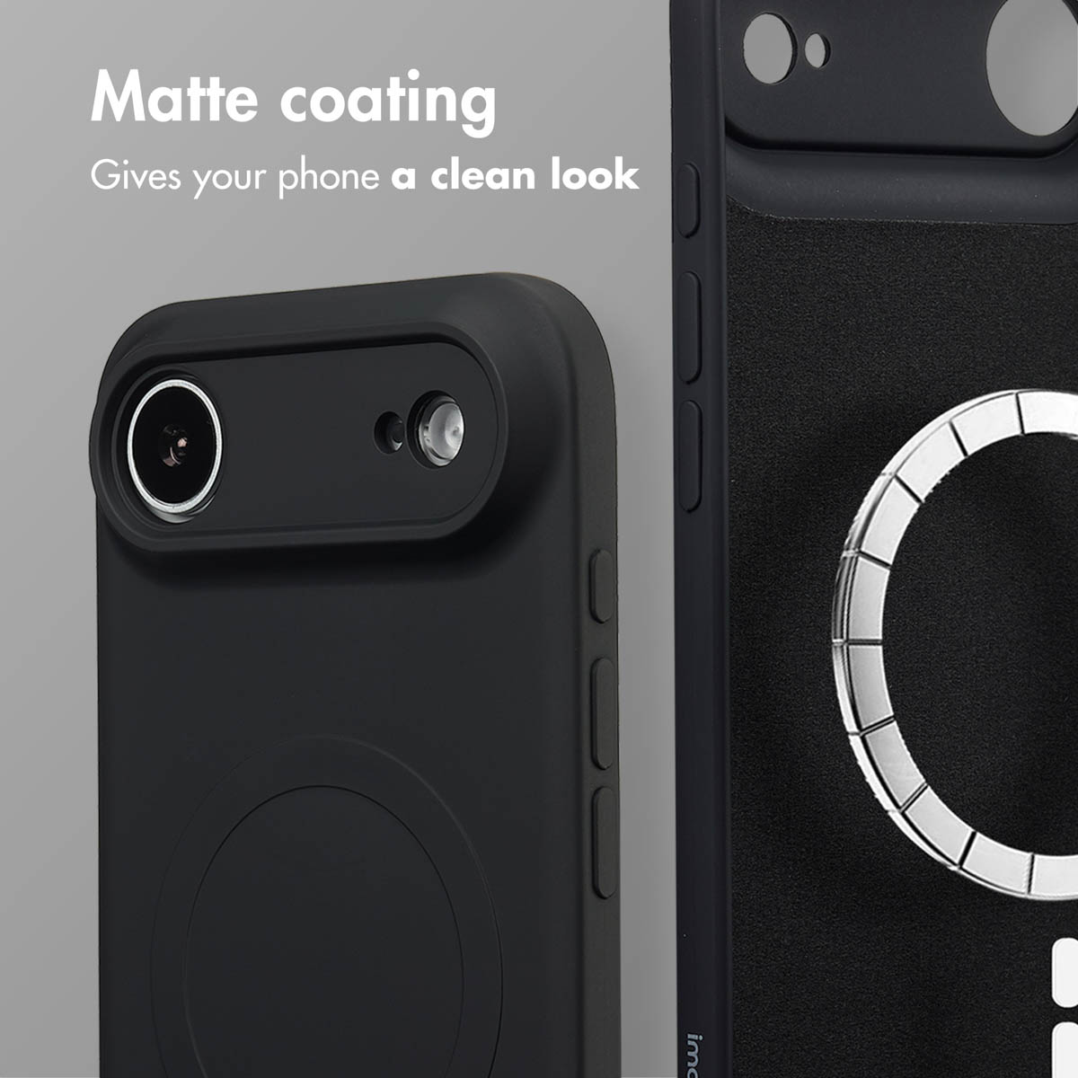 Custodia per smartphone nera con rivestimento opaco e ritaglio per fotocamera.