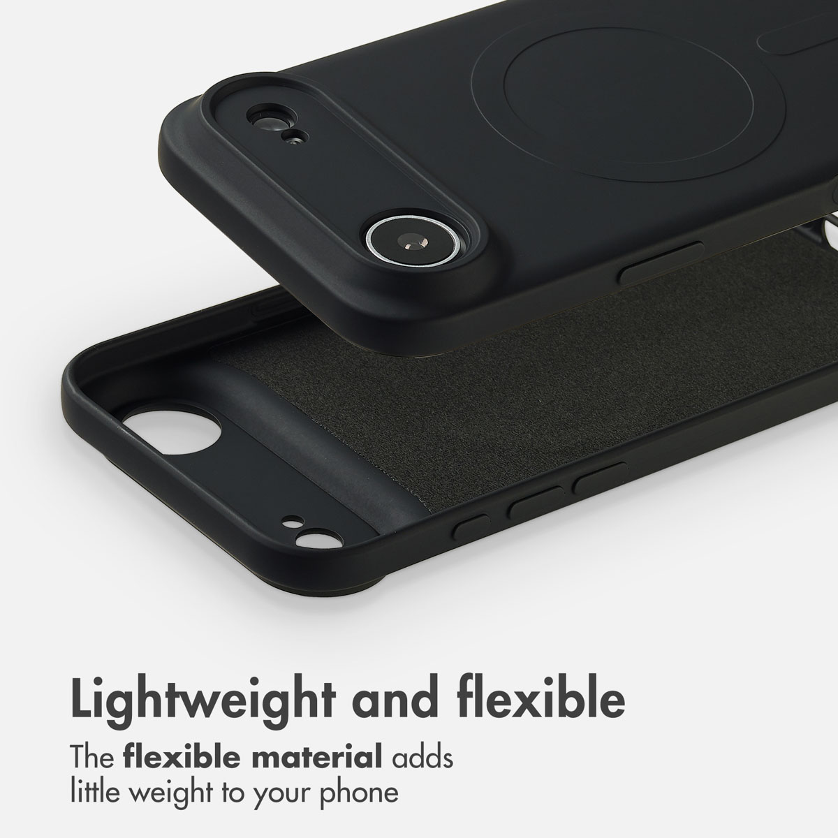 Custodia per cellulare nera e leggera con aperture circolari per fotocamera su sfondo bianco.