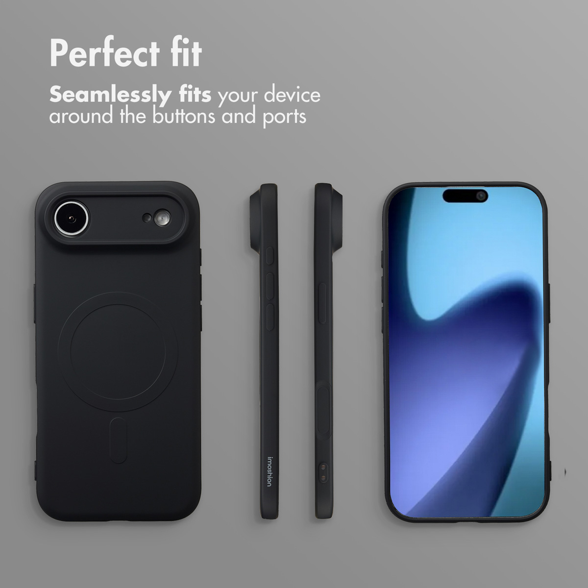 Cover per smartphone nera mostrata da quattro lati, testo in alto.