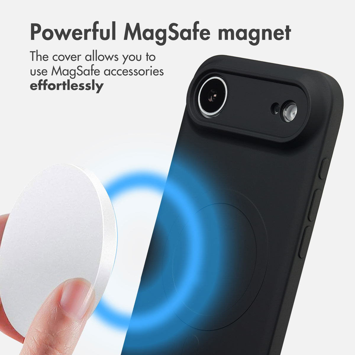 Telefono in custodia protettiva nera con anello magnetico MagSafe.