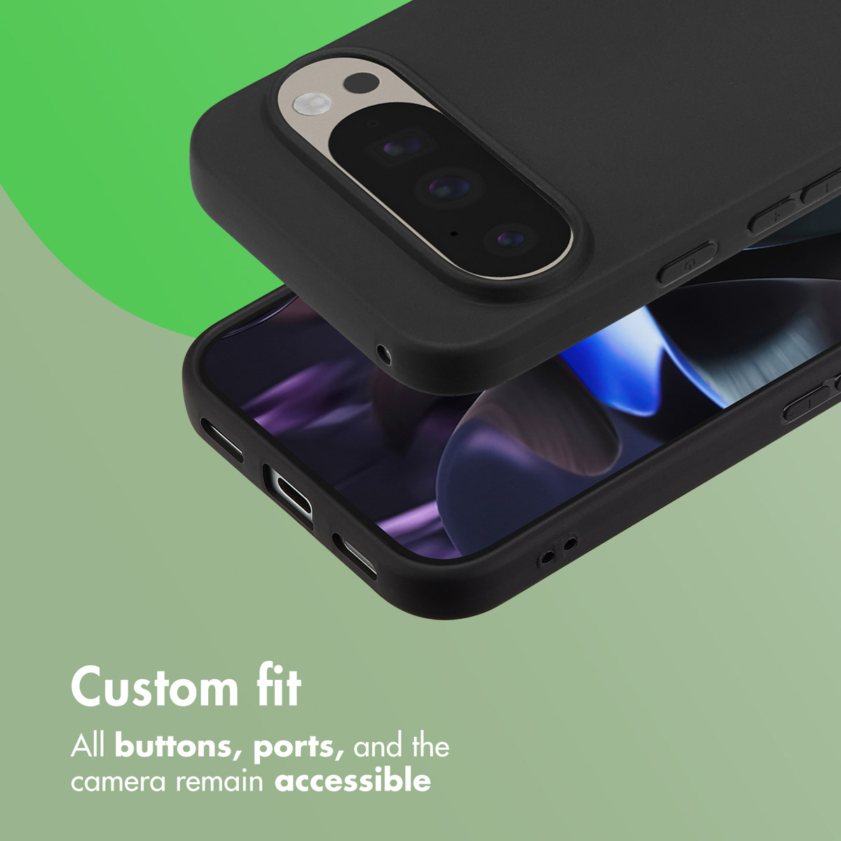 Uno smartphone nero in cover nera su sfondo verde.