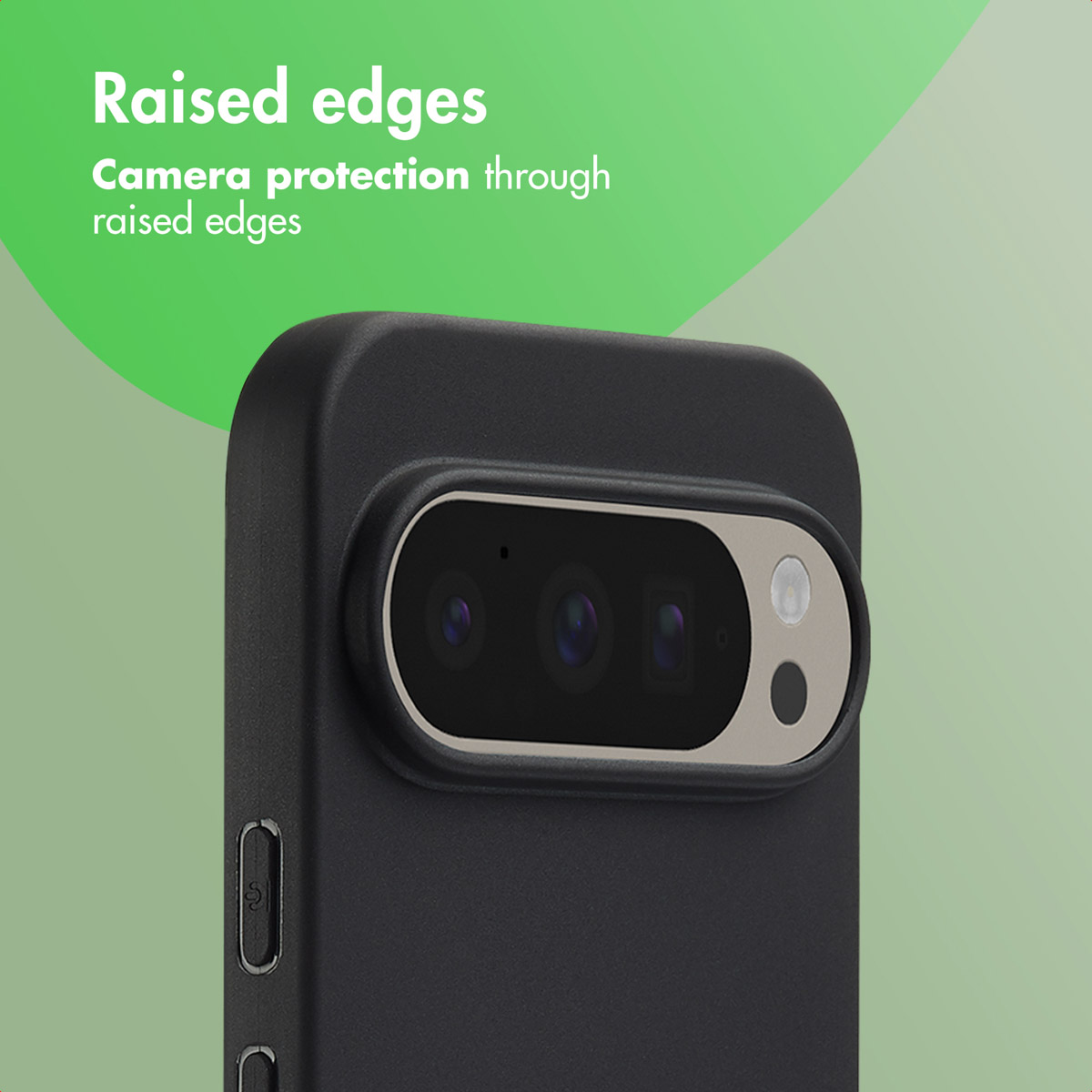Custodia per smartphone nera con bordi rialzati attorno alla fotocamera.