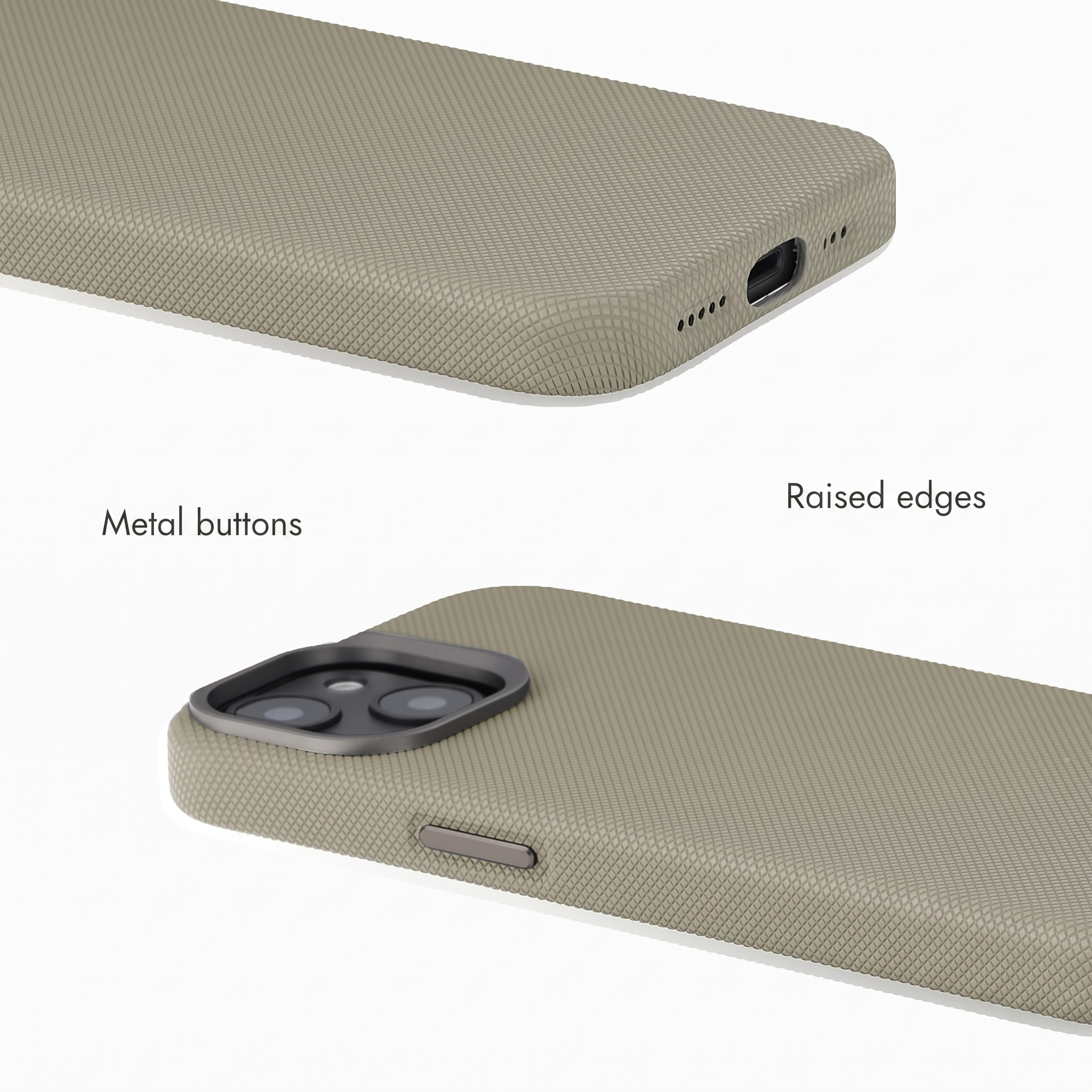 Custodia per telefono beige con motivo testurizzato, pulsanti in metallo e bordi rialzati.