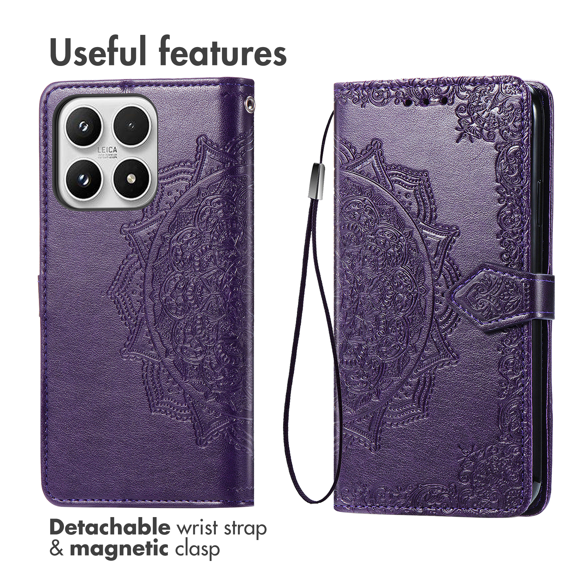 Custodia viola per cellulare con motivo mandala, laccetto e chiusura magnetica.