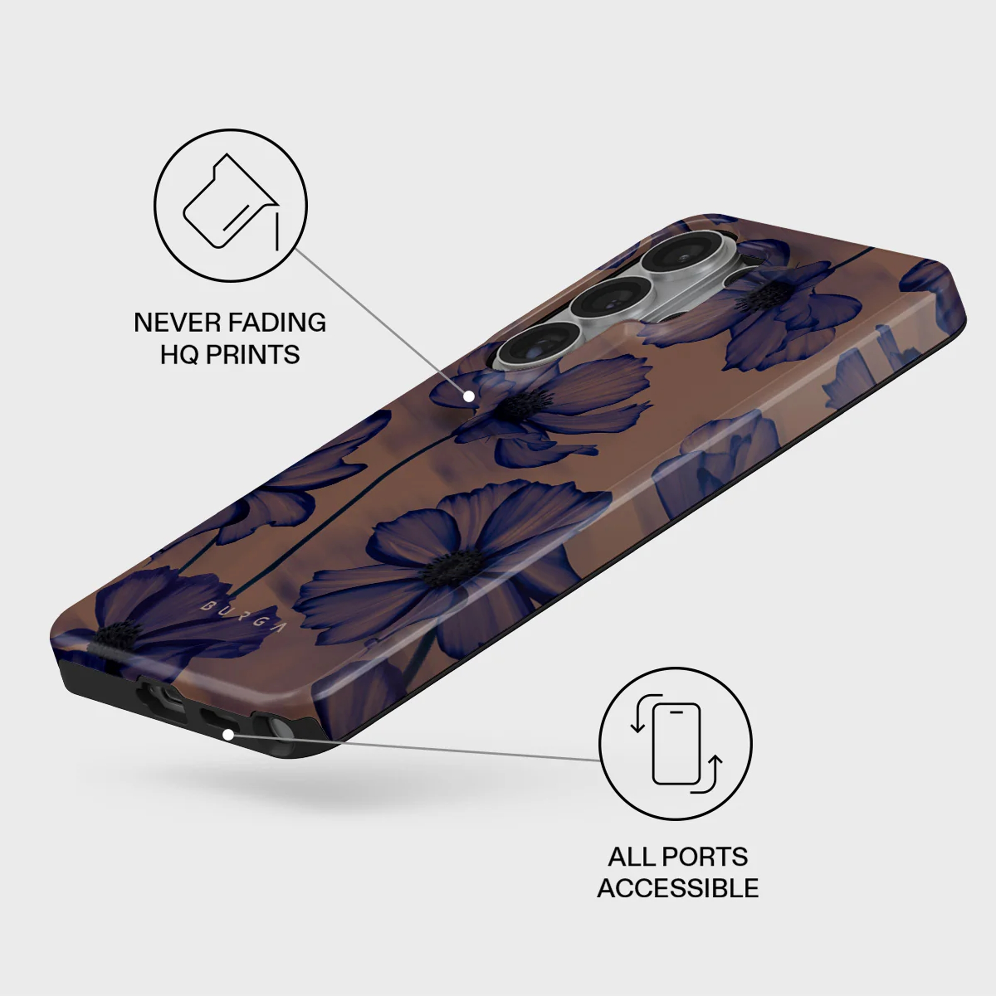 Smartphone en funda marrón con flores azules, destacando resistencia y puertos accesibles.
