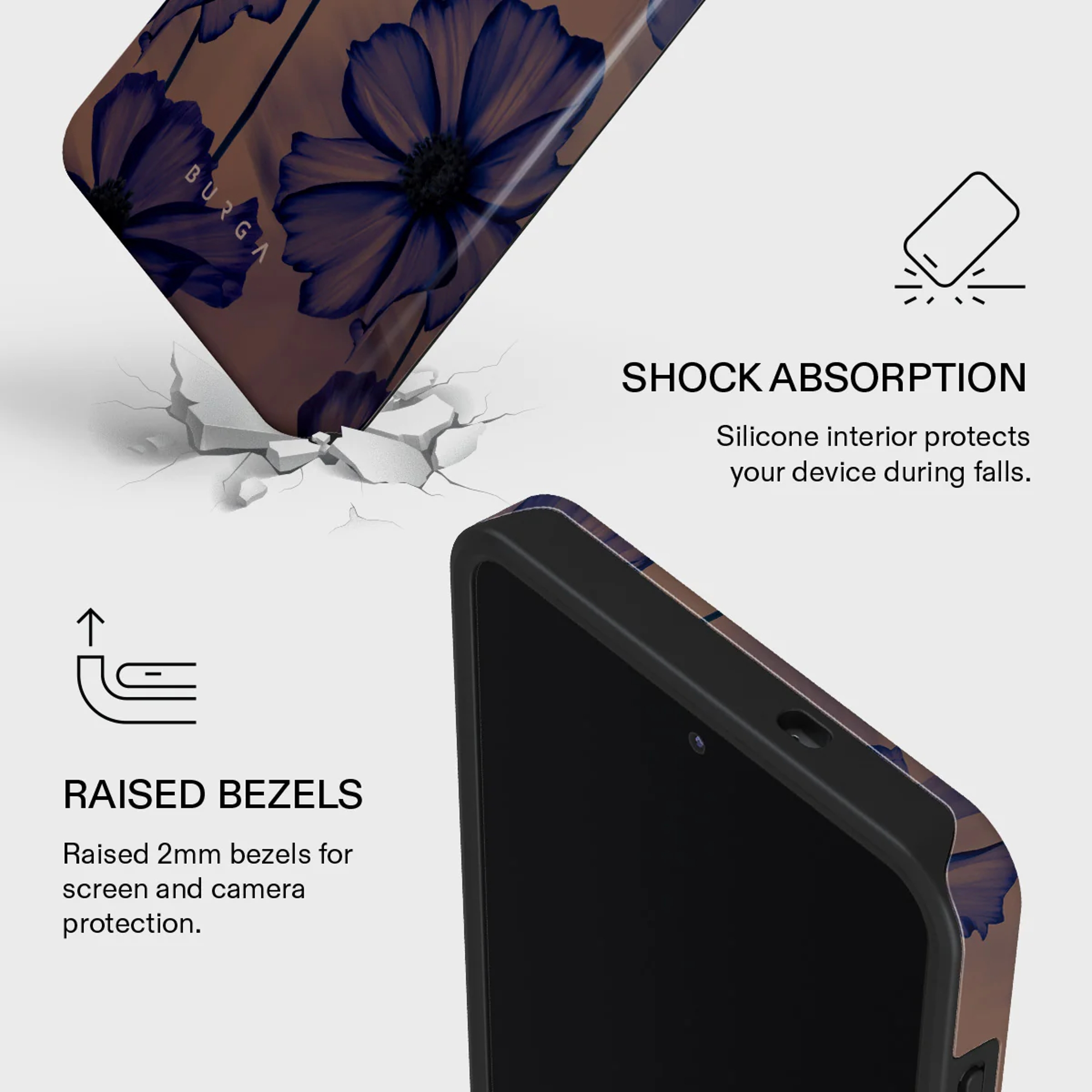 Anuncio de producto que muestra la absorción de impactos y bordes elevados de una funda con flores.