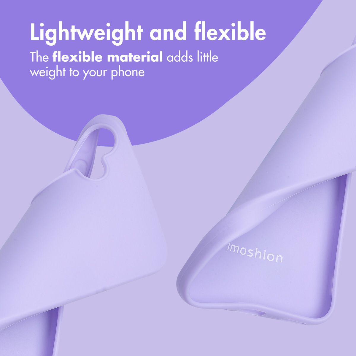 Dos fundas de móvil moradas y flexibles sobre fondo morado con texto.