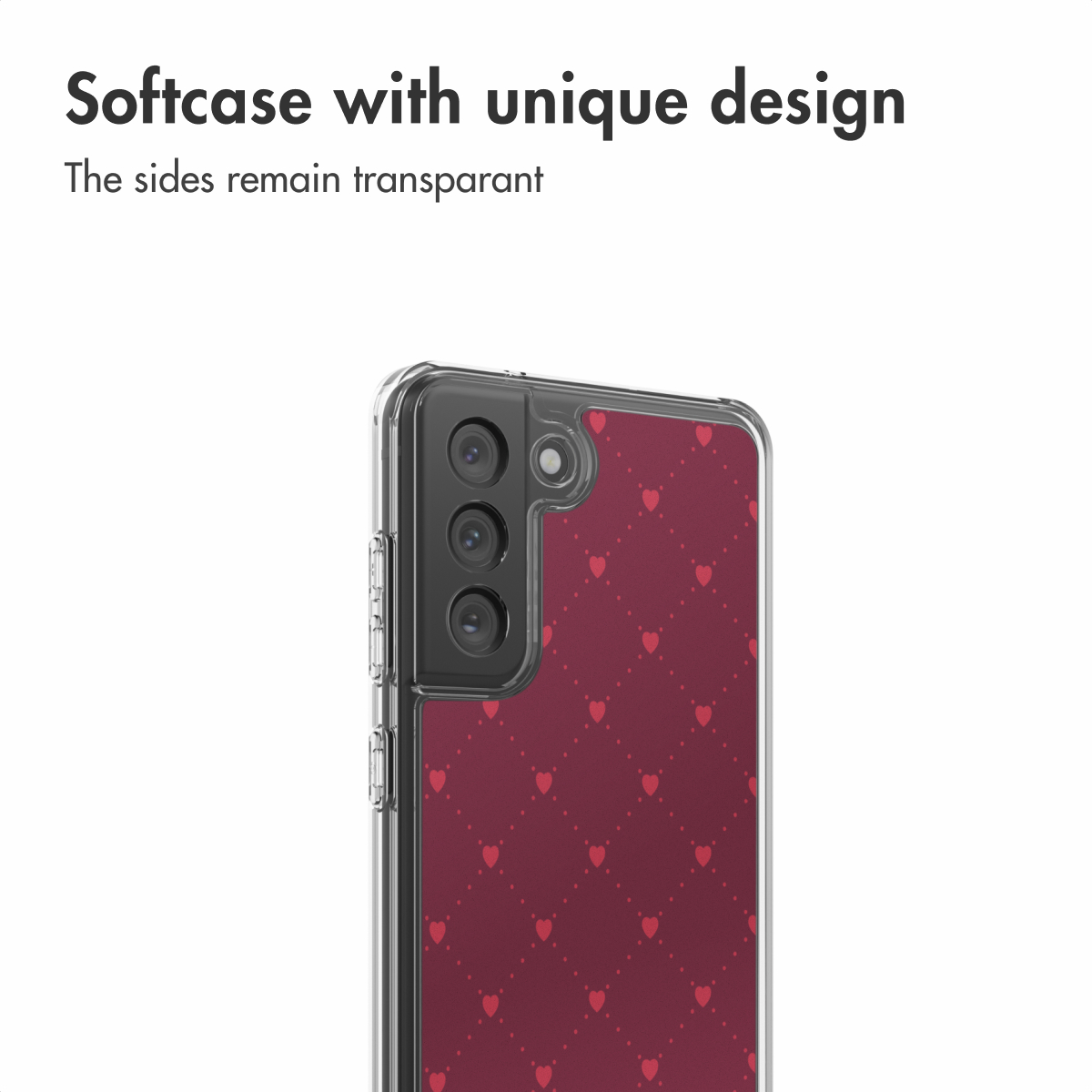 Funda de teléfono transparente con patrón de corazones rojos oscuros.
