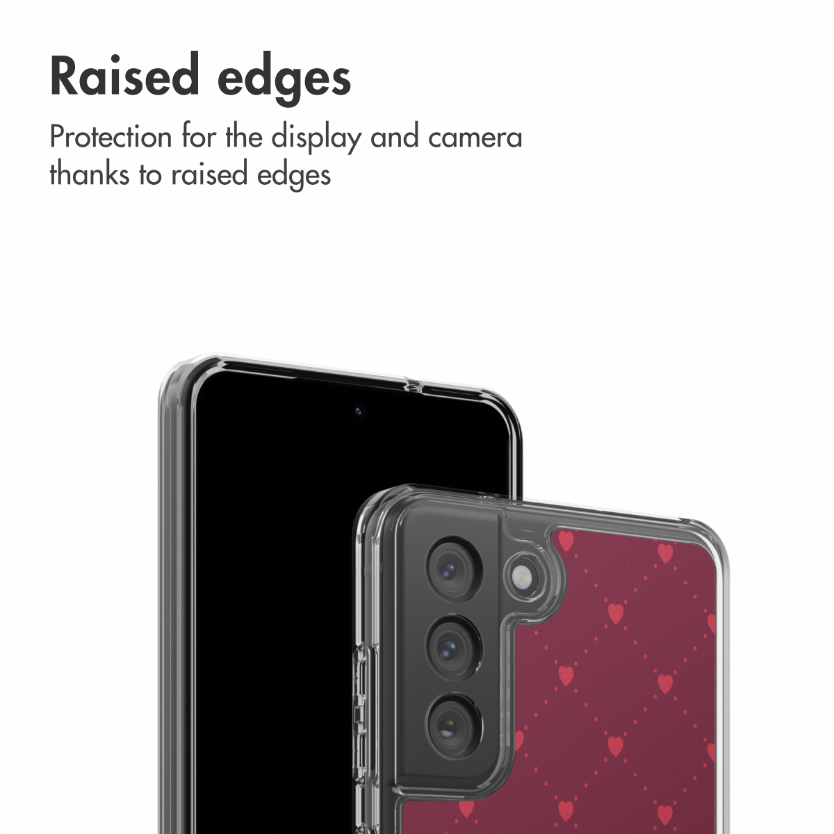 Los bordes elevados protegen la pantalla y la cámara de un smartphone en funda transparente con corazones.