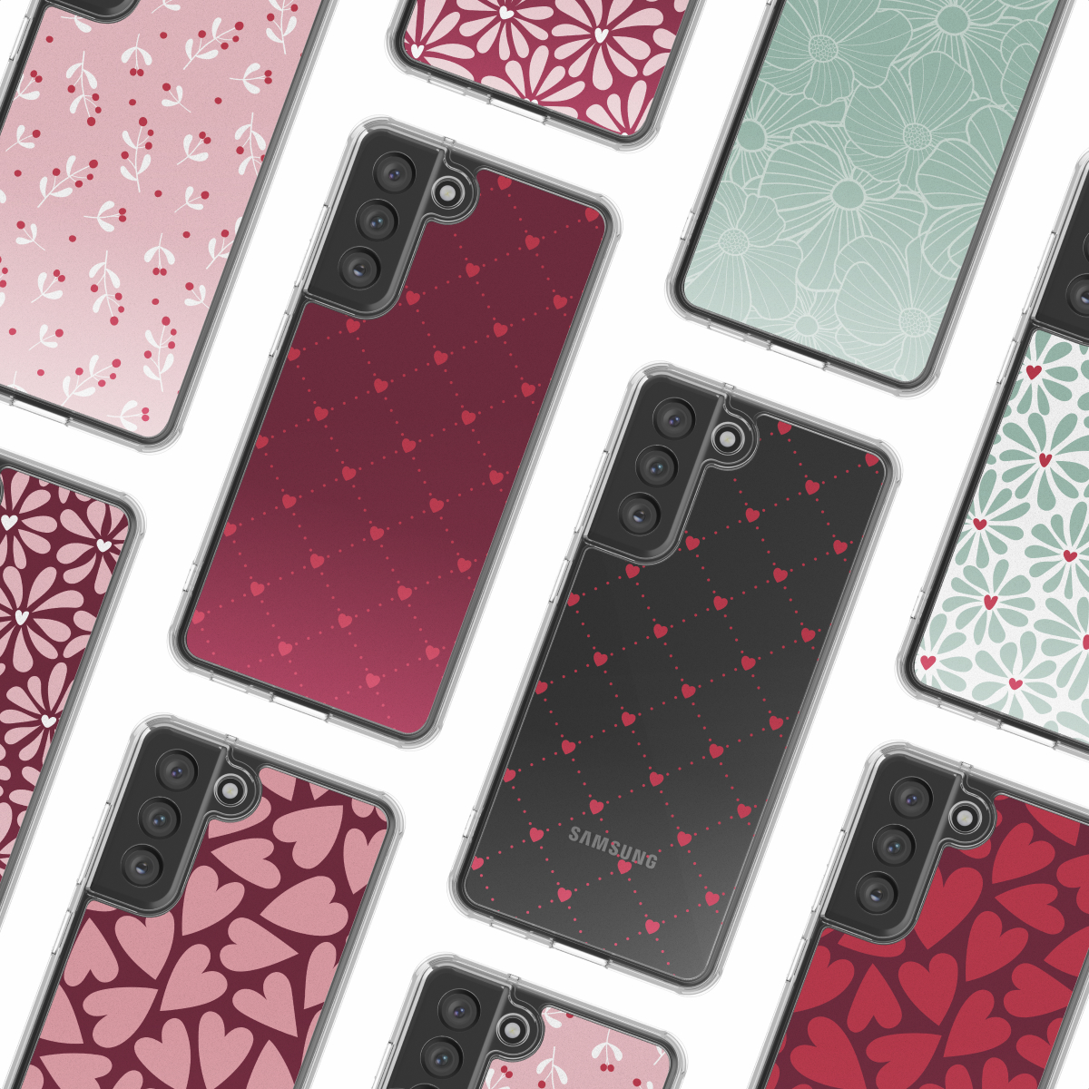Varias fundas para smartphones con patrones coloridos que incluyen corazones, flores y ramas.