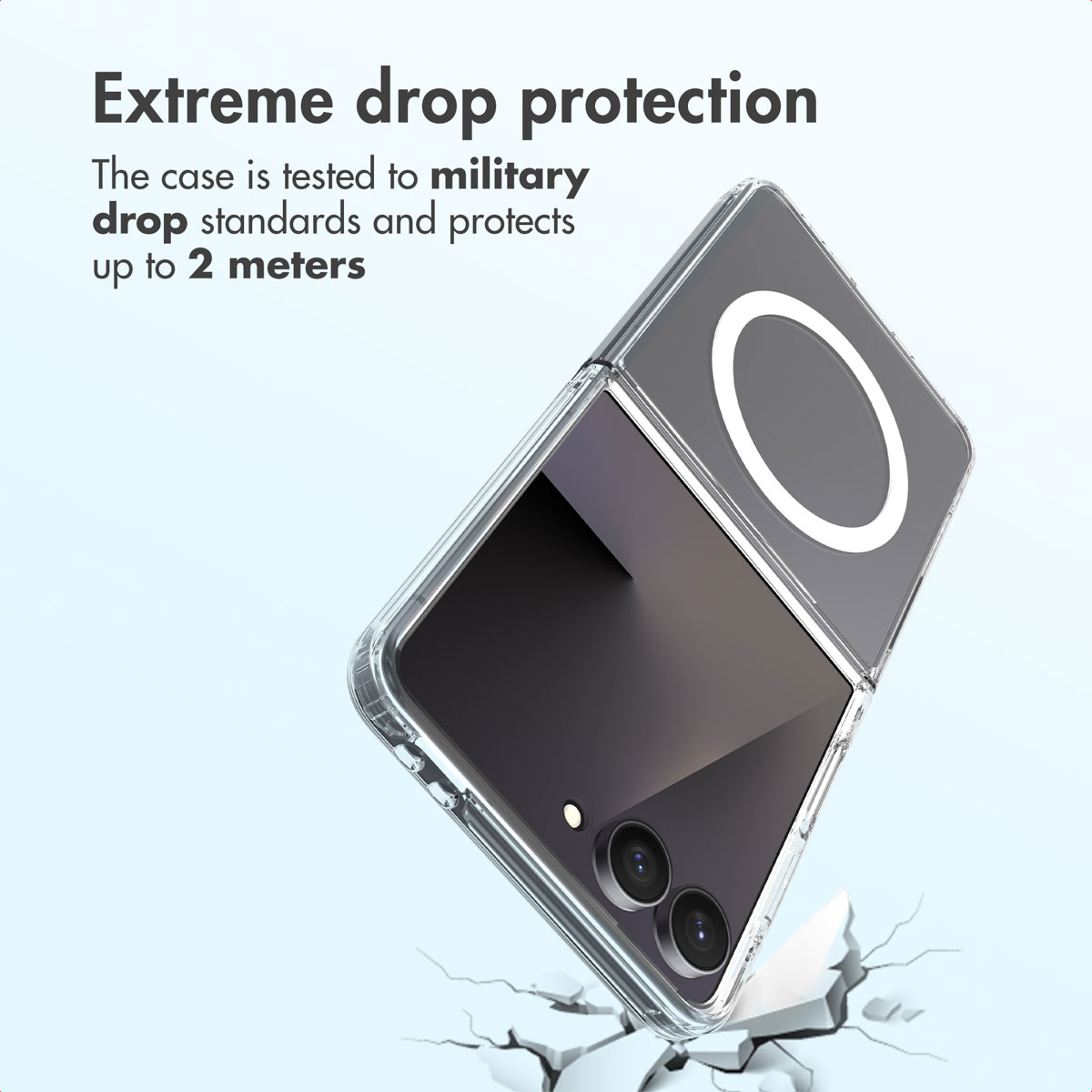 Un smartphone plegable con funda transparente sobre suelo agrietado. Texto: Extreme drop protection.