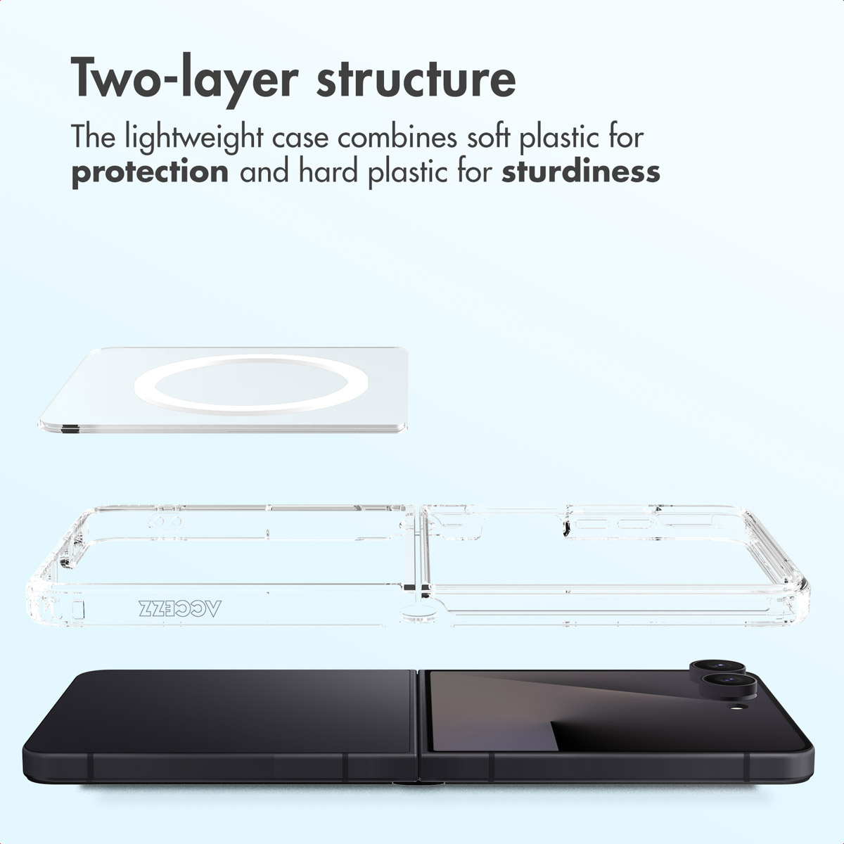 Vista explosionada de una funda protectora transparente de dos capas para un smartphone plegable sobre fondo azul.