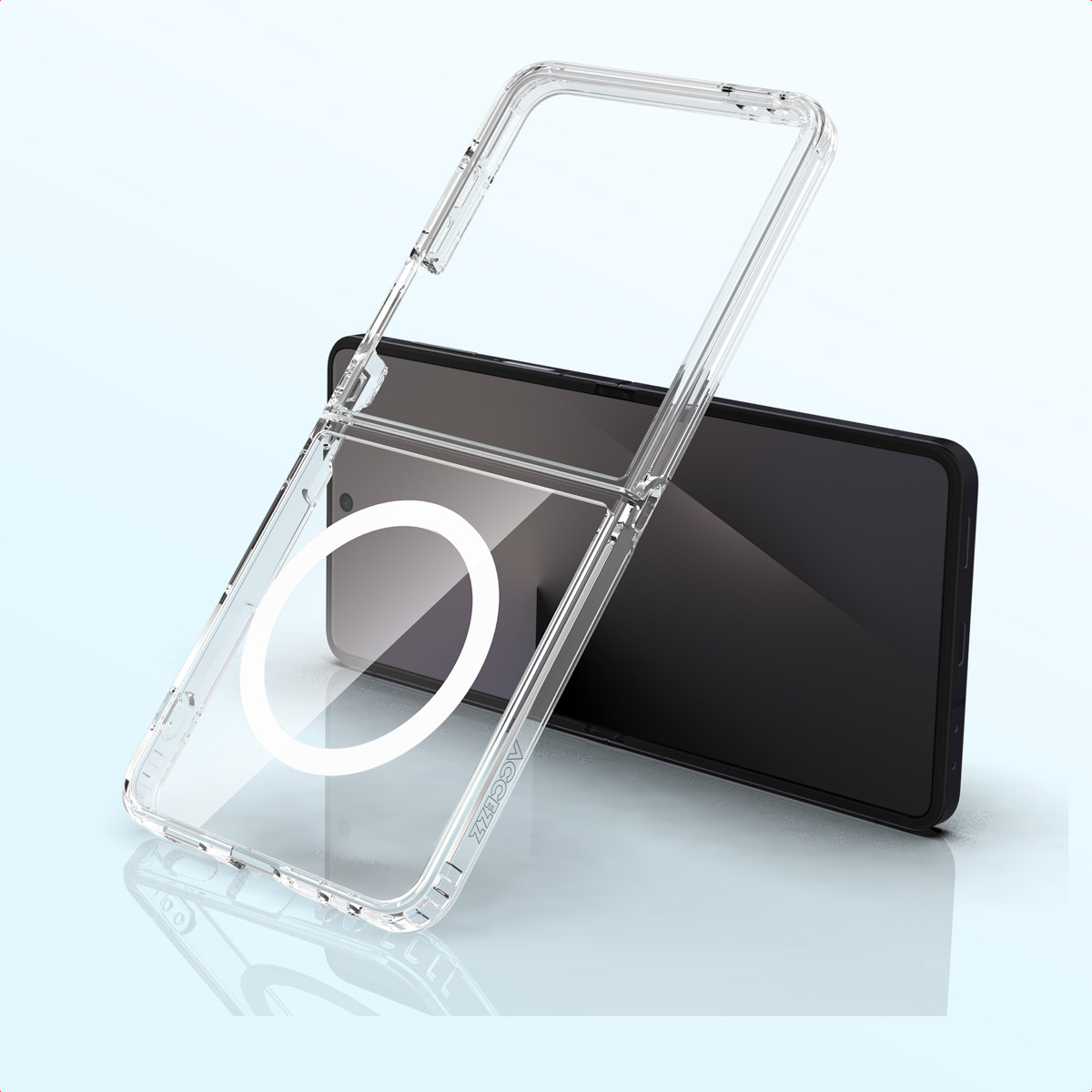 Funda de teléfono plegable transparente con anillo MagSafe desplegada frente a un smartphone negro sobre fondo claro.
