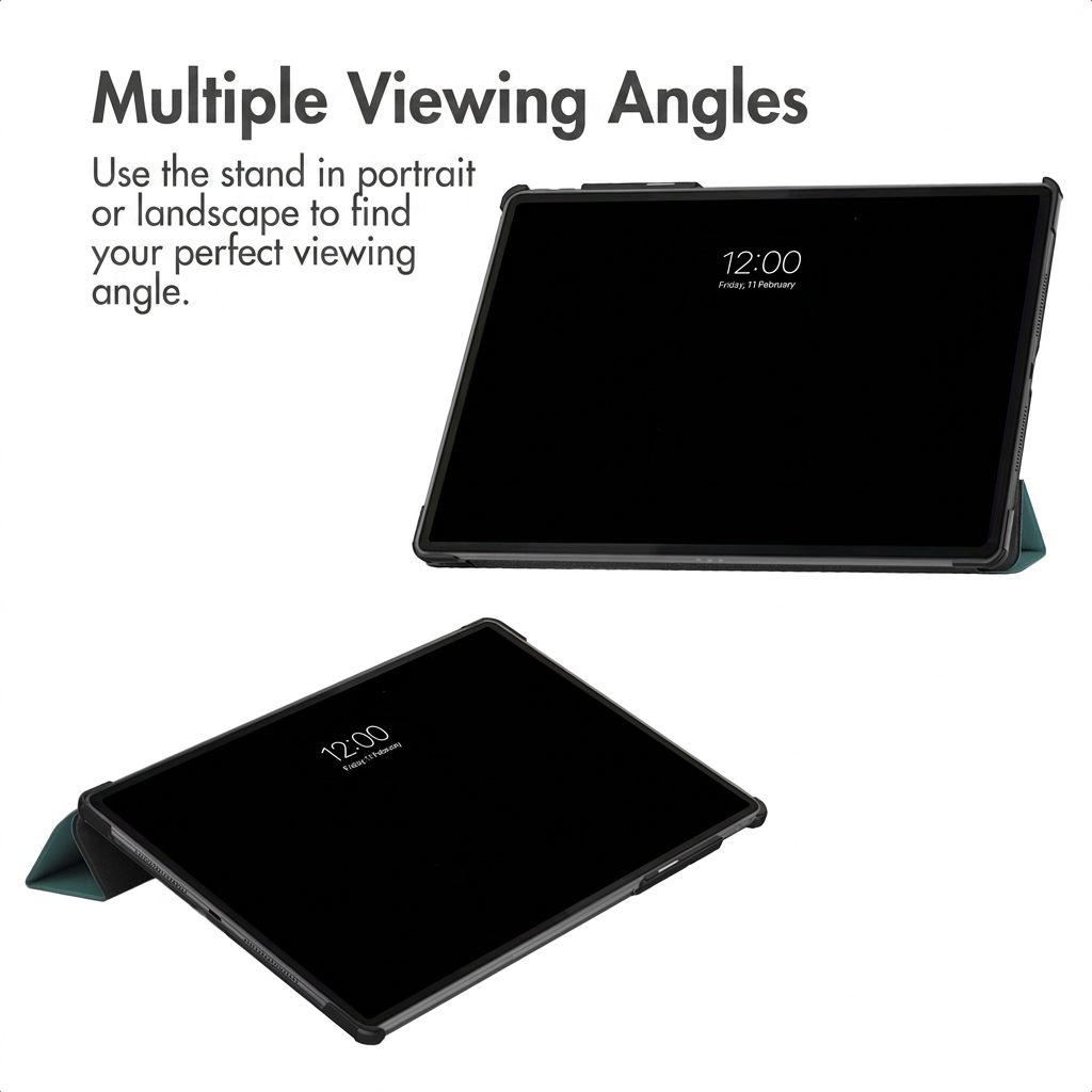 Een tablet in een beschermhoes met geïntegreerde standaard voor meerdere kijkhoeken.