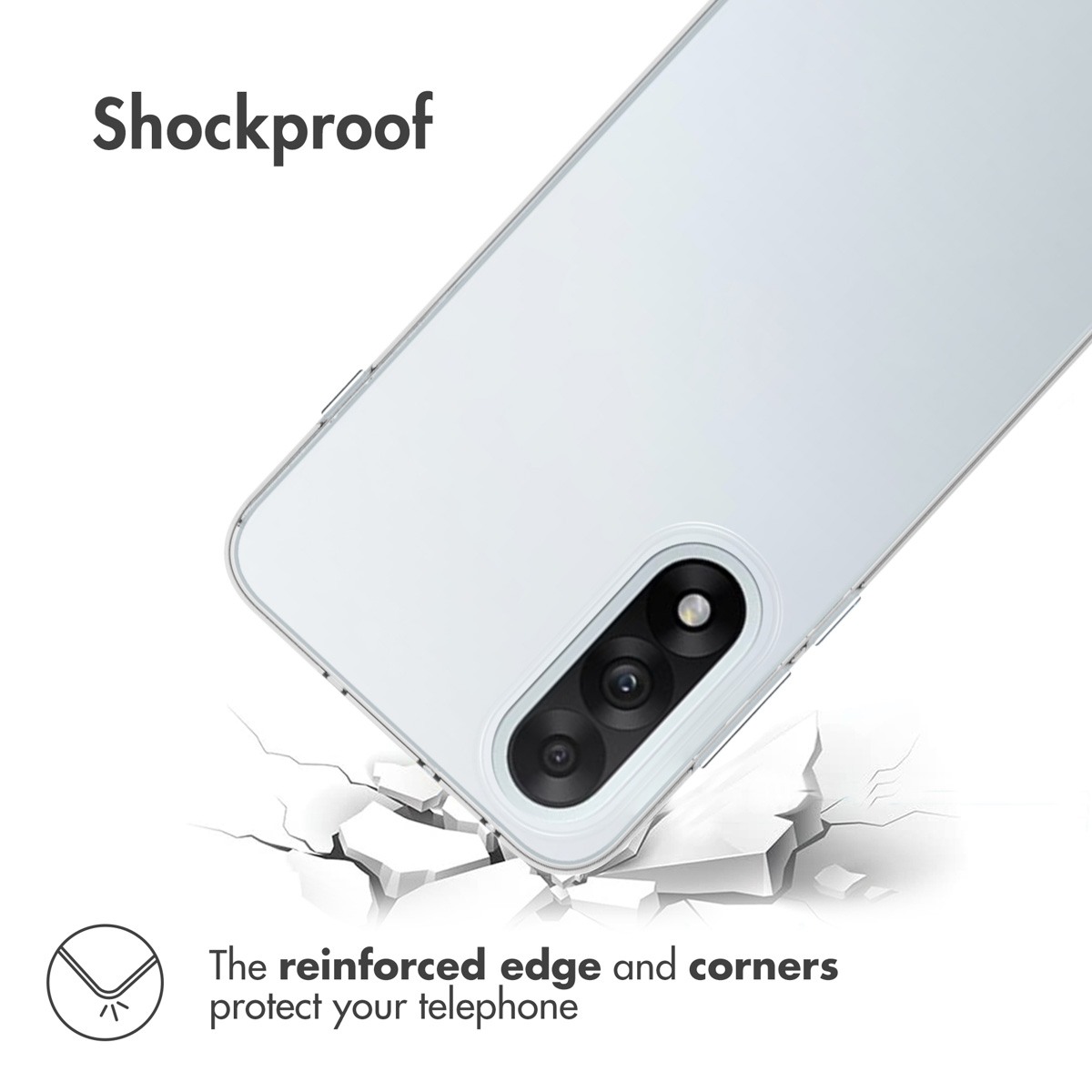Shockproof phone case over cracked surface, showing reinforced edges and corners.