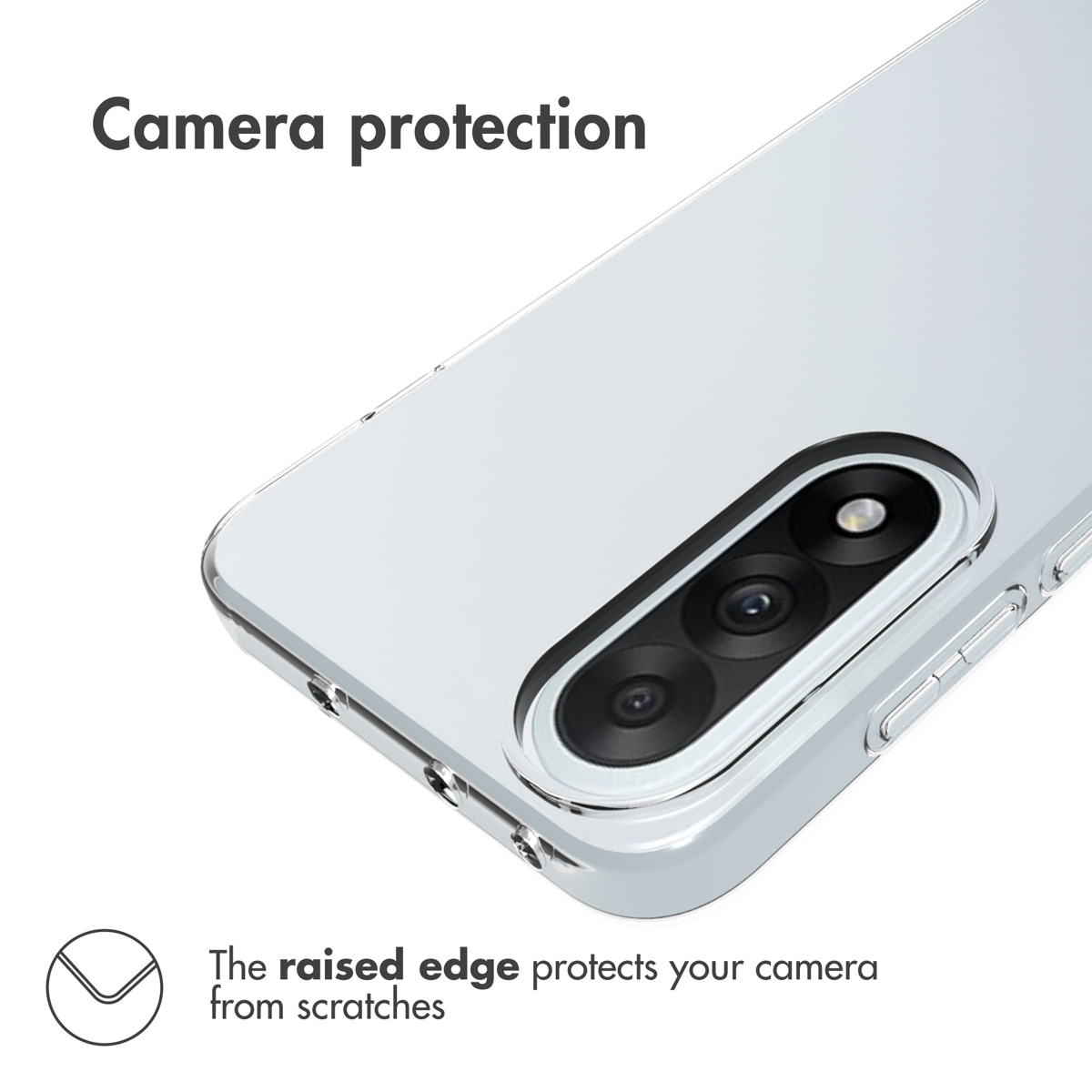 A smartphone in a clear case highlighting raised edge camera protection.