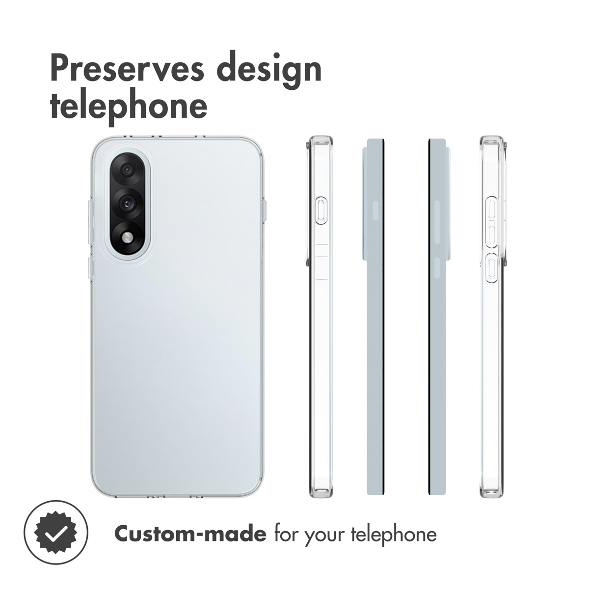 Clear phone case shown from multiple angles, preserving the phone design with custom-made cutouts.