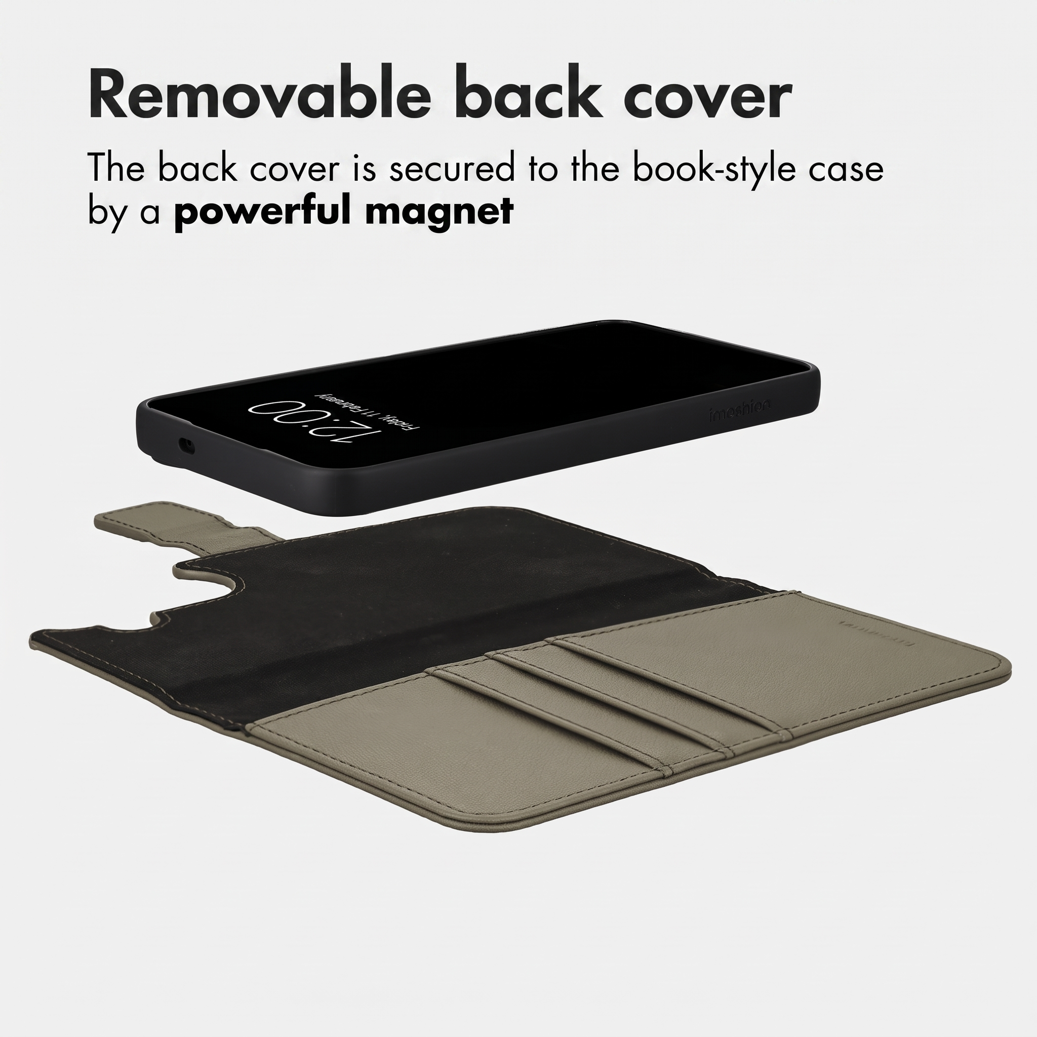 Smartphone und abnehmbare Magnet-Brieftasche vor weißem Hintergrund.