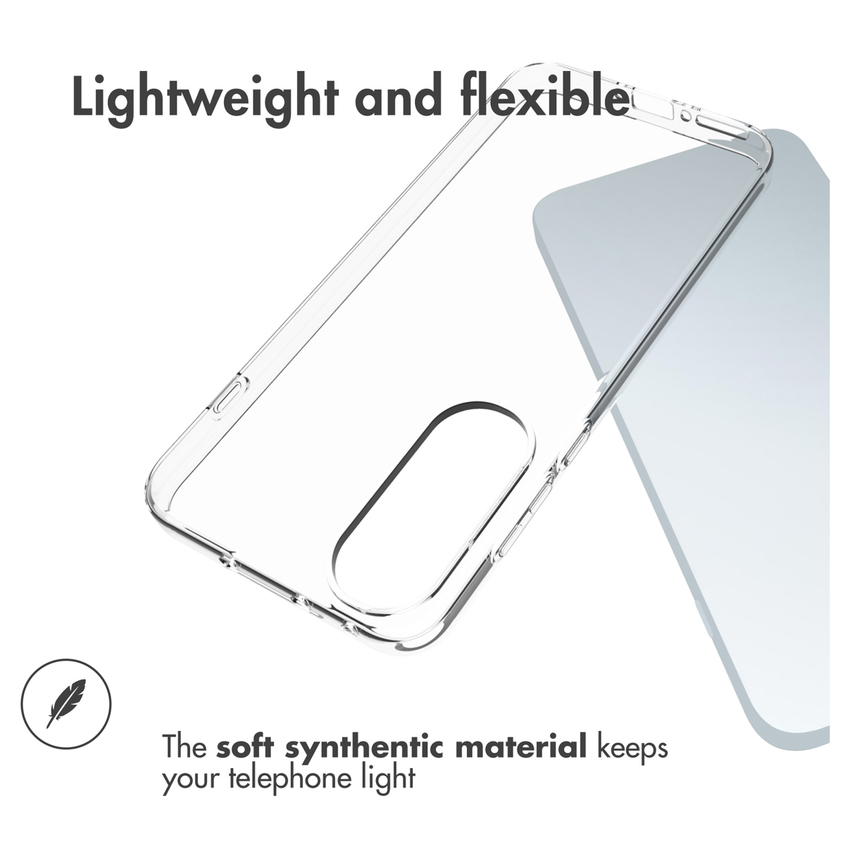 Clear silicone phone case on a grey surface, with text reading lightweight and flexible.