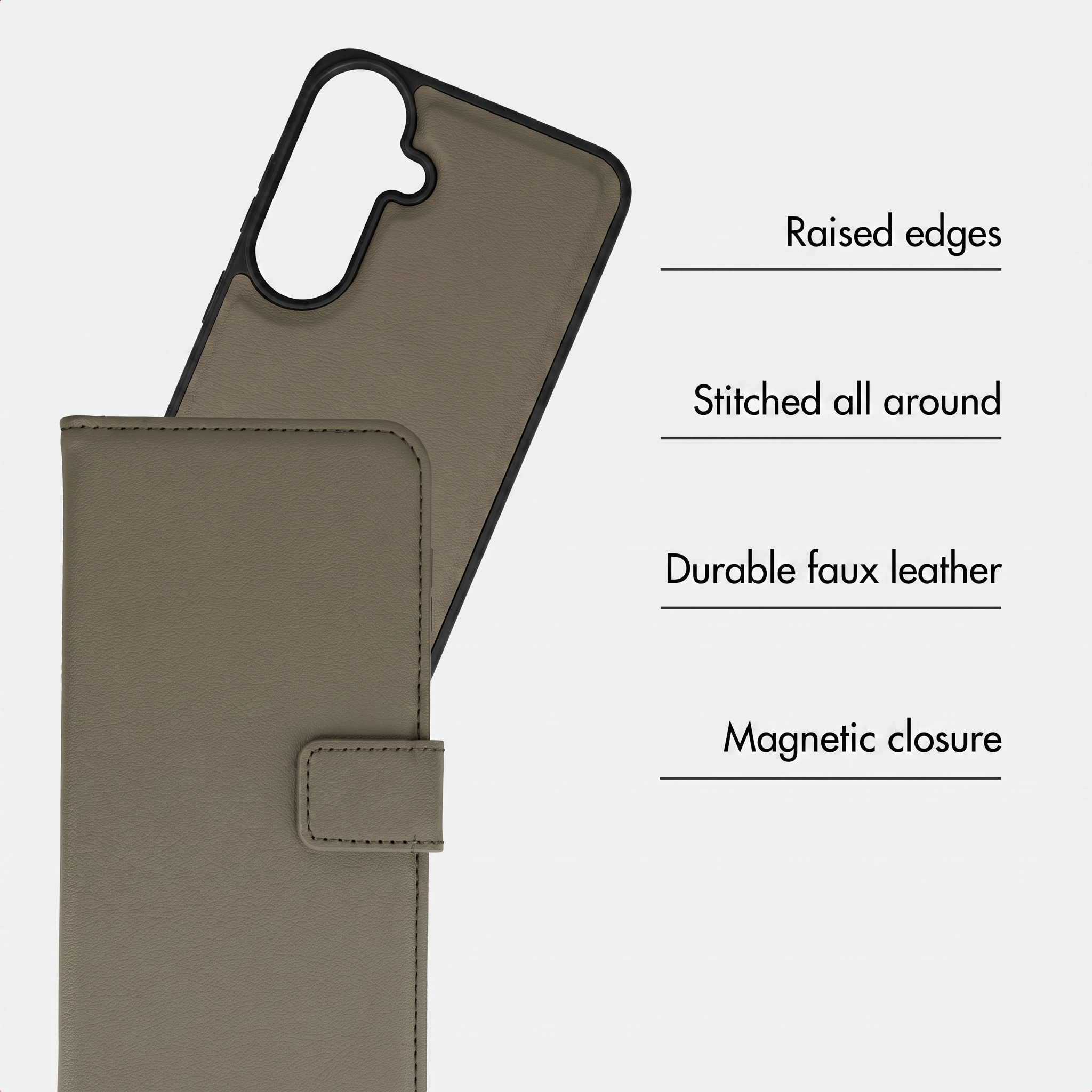 Graue Kunstleder-Wallet-Handyhülle mit erhöhten Kanten und Magnetverschluss, mit Hinweistext rechts.