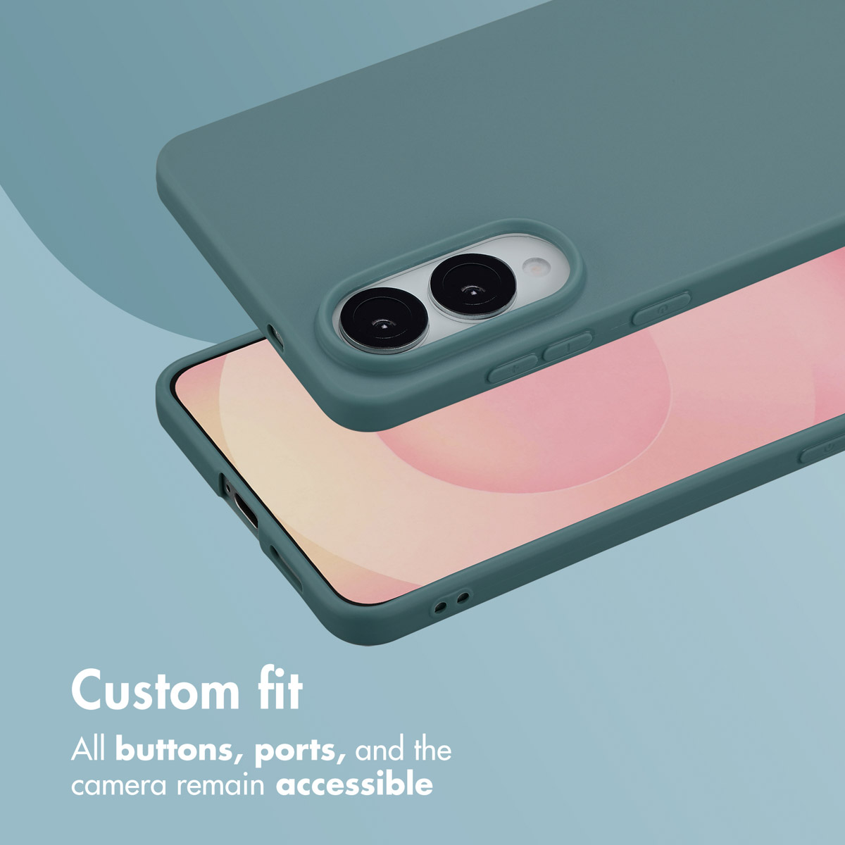 Fundas de móvil verdes en un teléfono con pantalla pastel, texto: Custom fit.