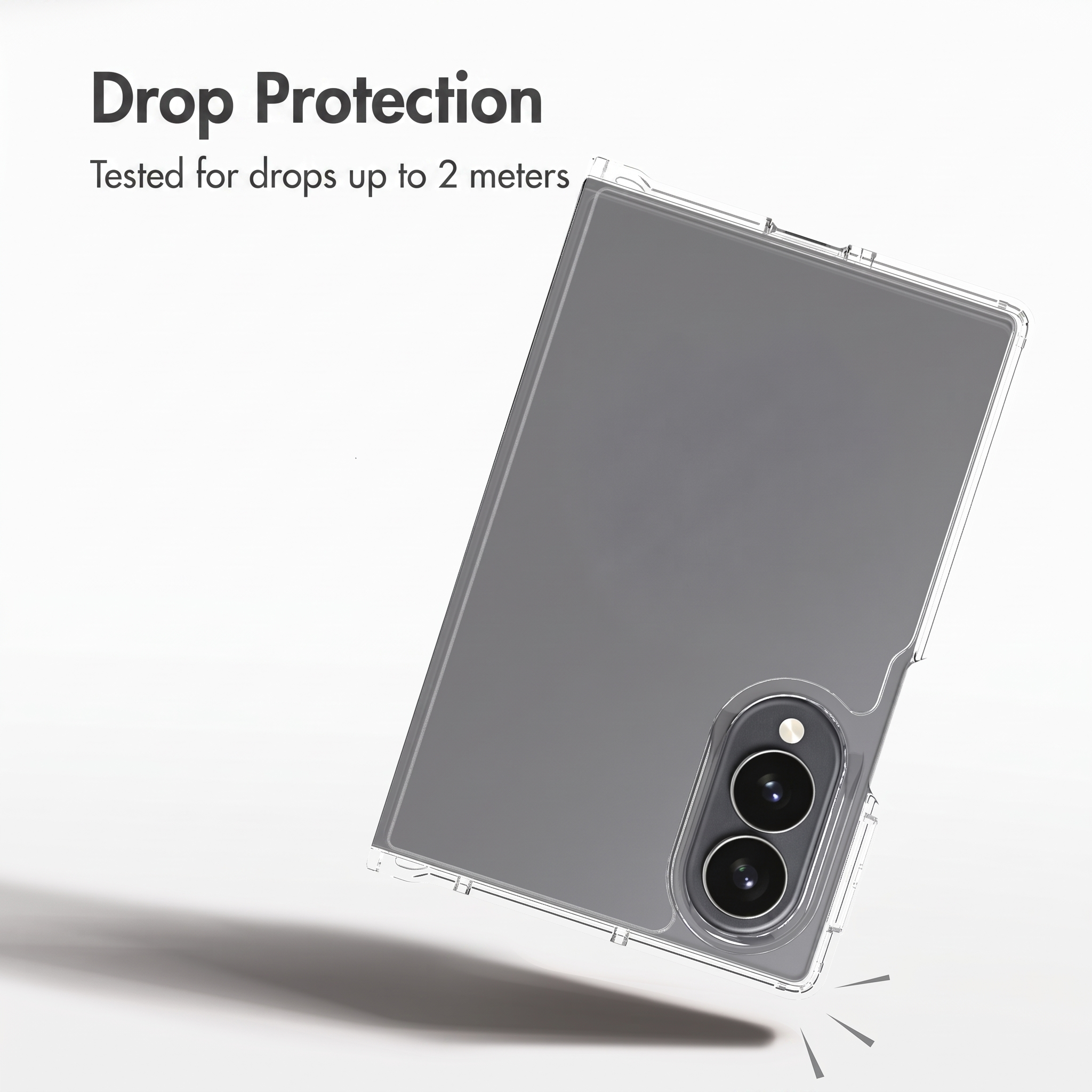 Une coque de téléphone transparente avec le texte Protection contre les chutes jusqu'à 2 mètres.