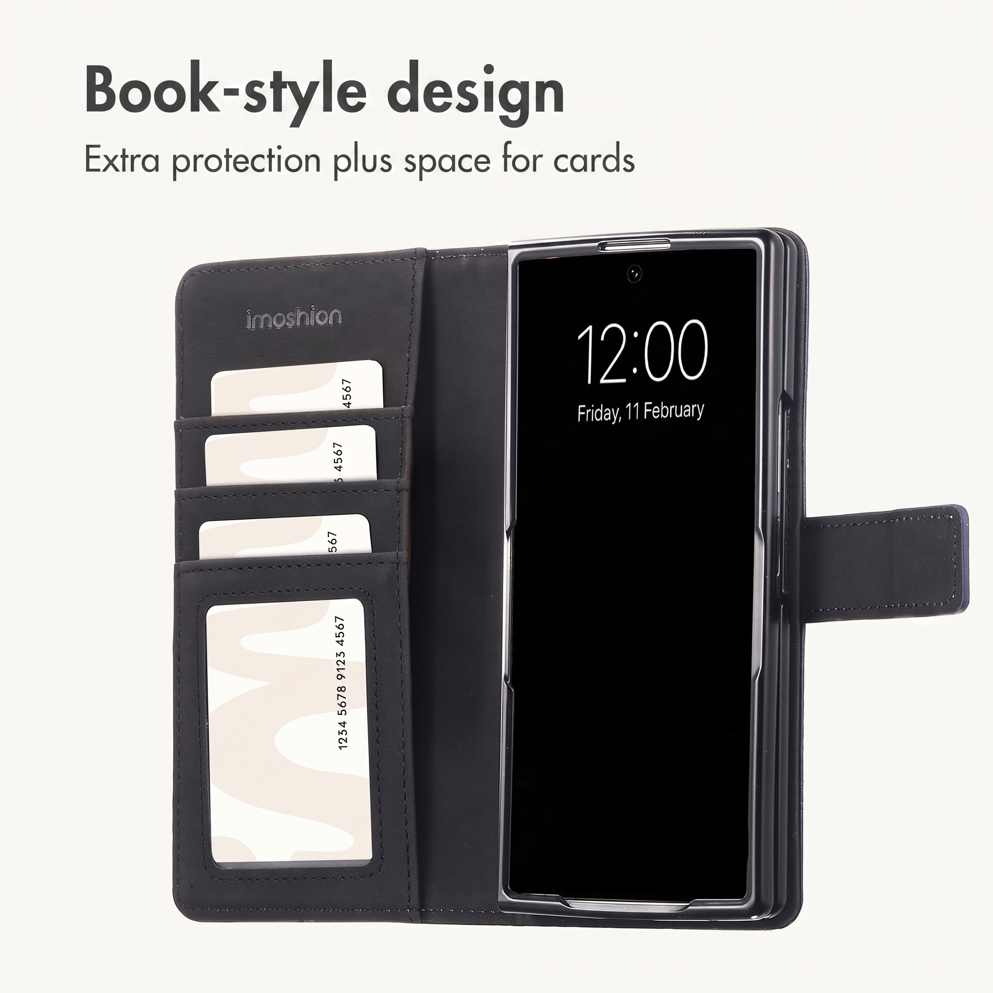 Étui de téléphone noir style livre avec fentes pour cartes et smartphone.