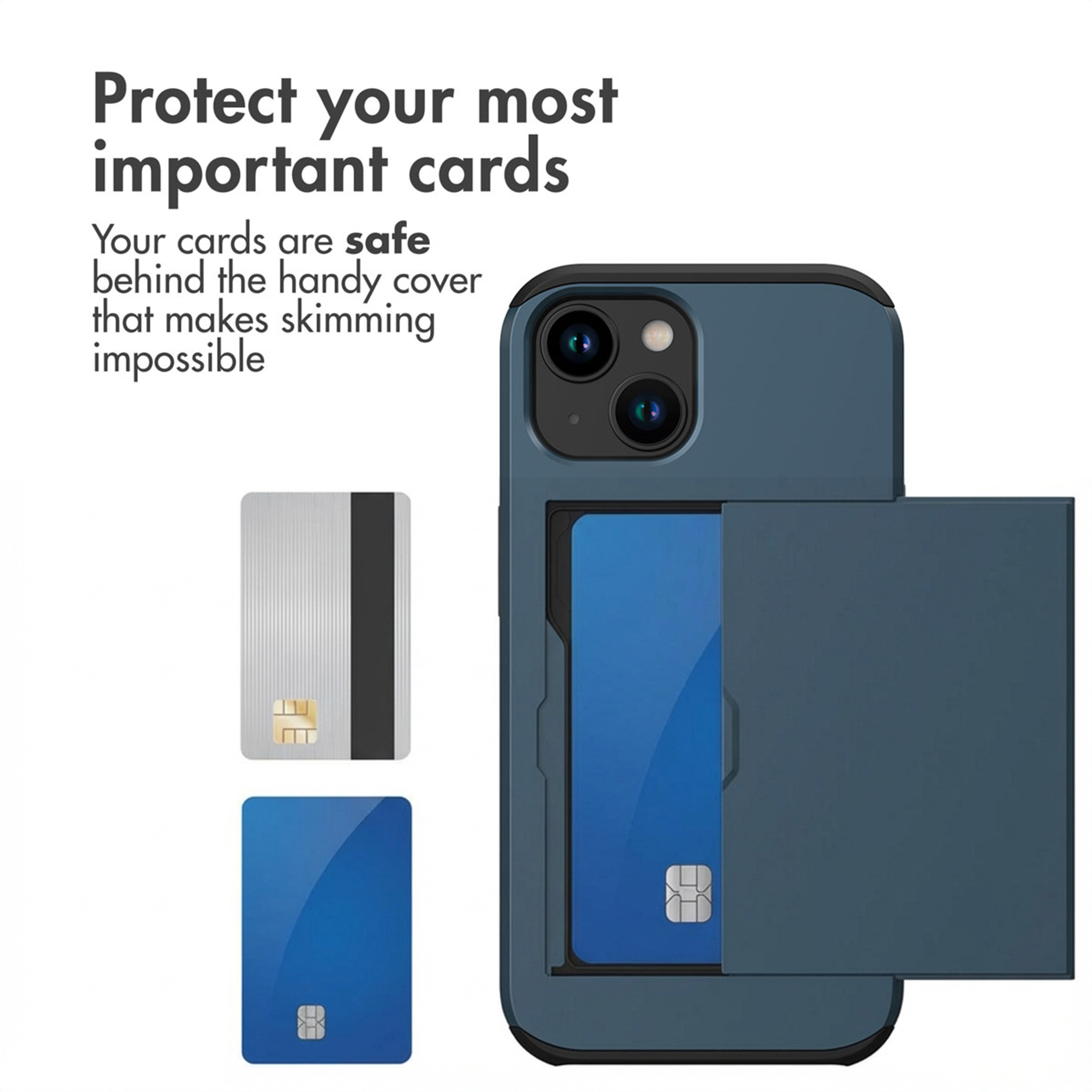A blue phone case with a sliding card holder containing a blue card, with two additional cards shown on the left.