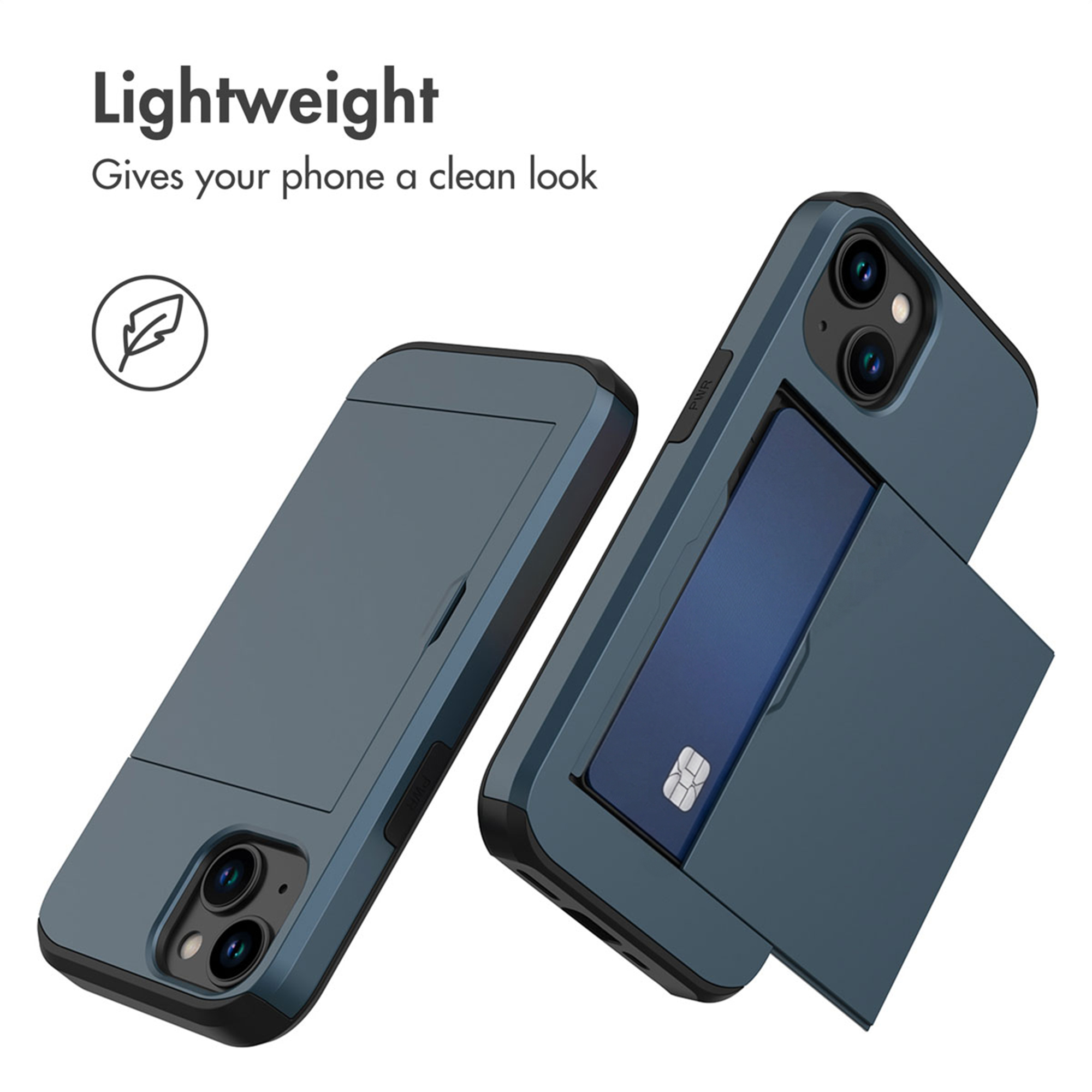Two blue smartphone cases with a built-in card slot on a white background, one holding a card.