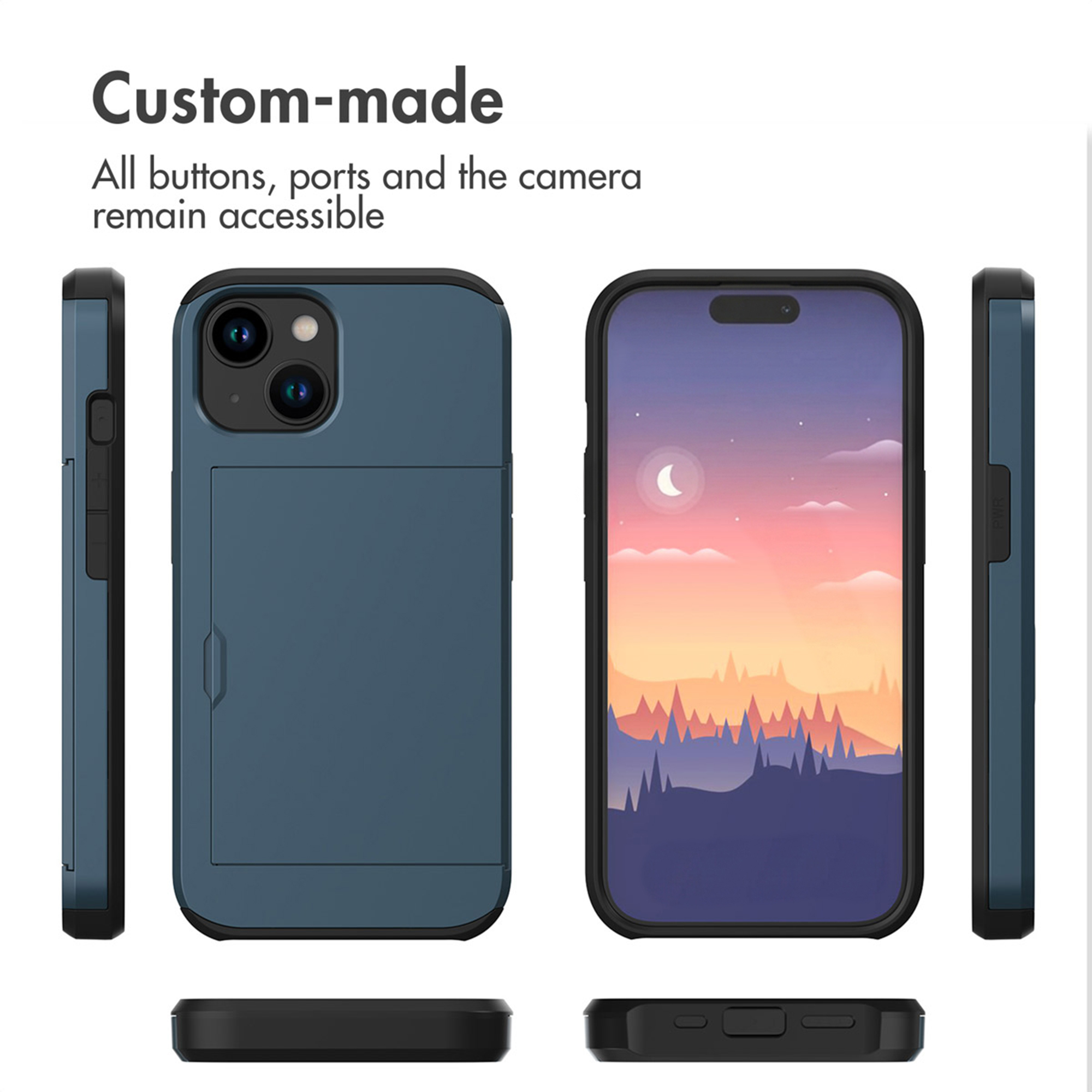 Blue smartphone case with card slot shown from multiple angles.