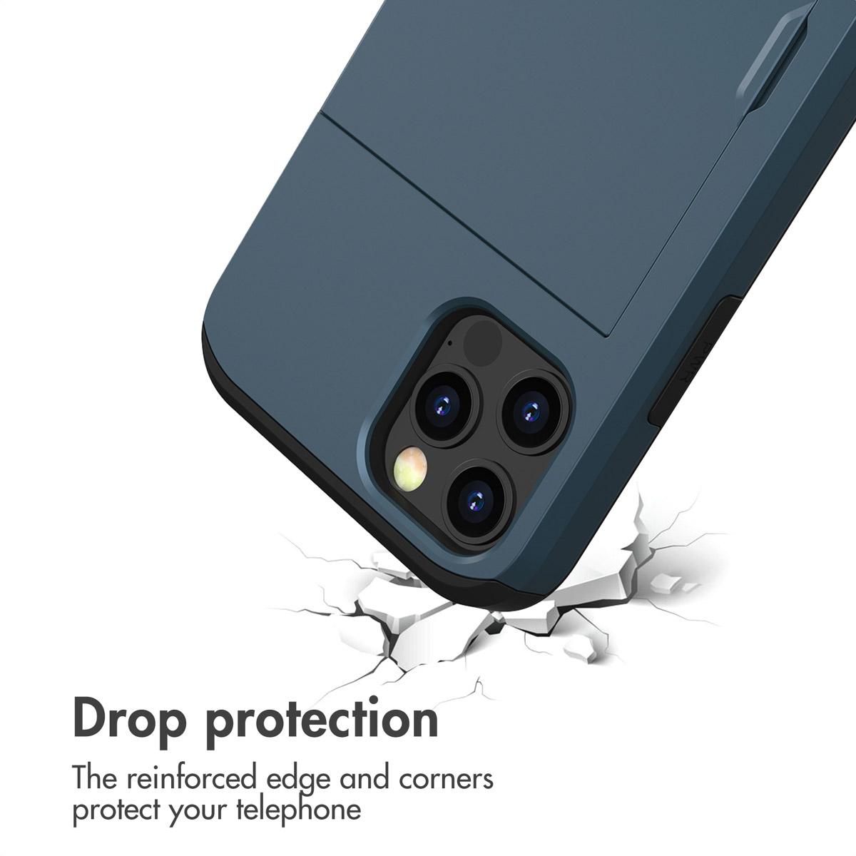 Blue card holder phone case displaying triple camera and drop protection against a cracked surface.