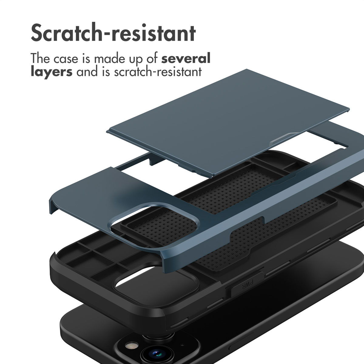 An exploded view of a multi-layered, scratch-resistant blue and black smartphone case with text above.