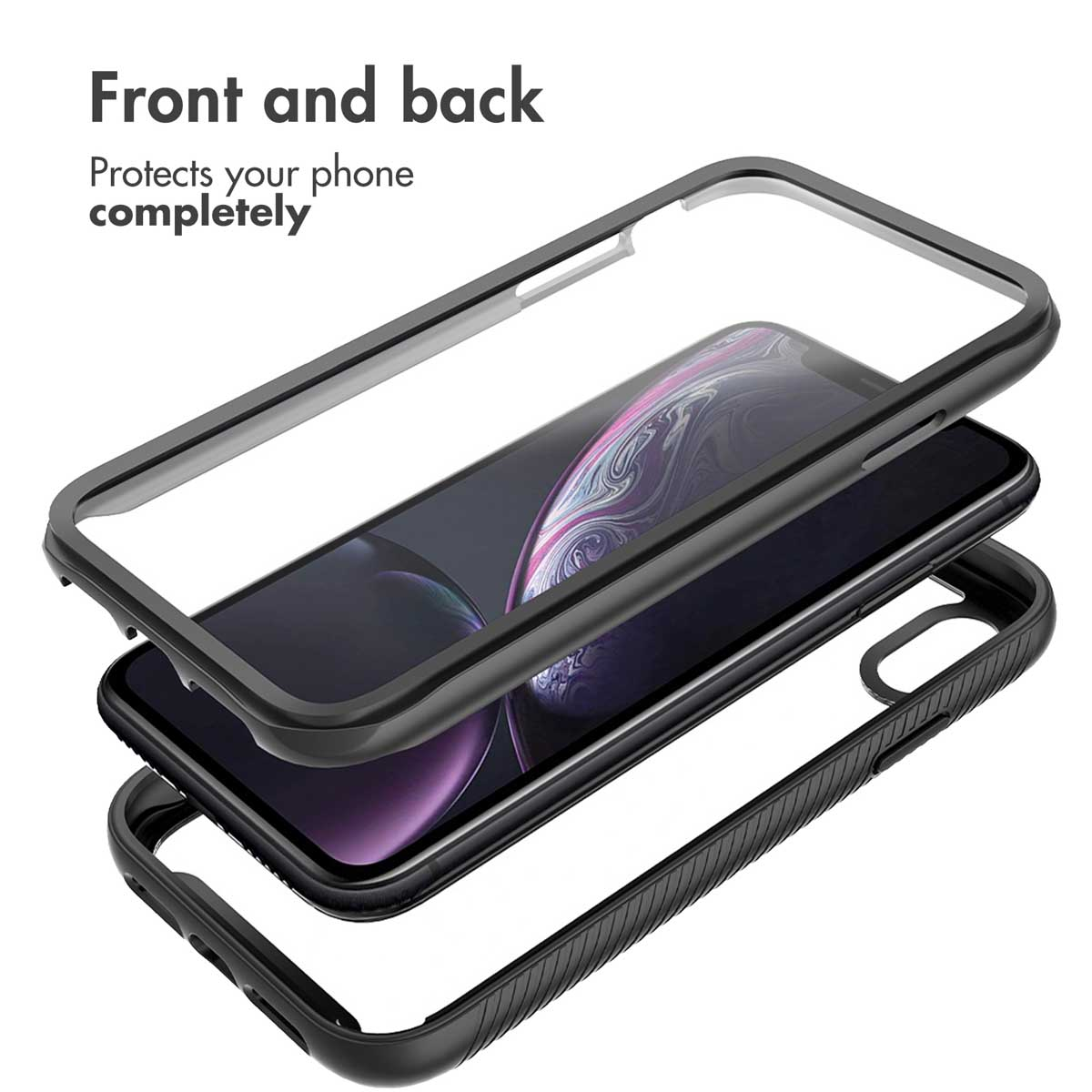 Smartphone con funda protectora y marco frontal separado para cobertura total.