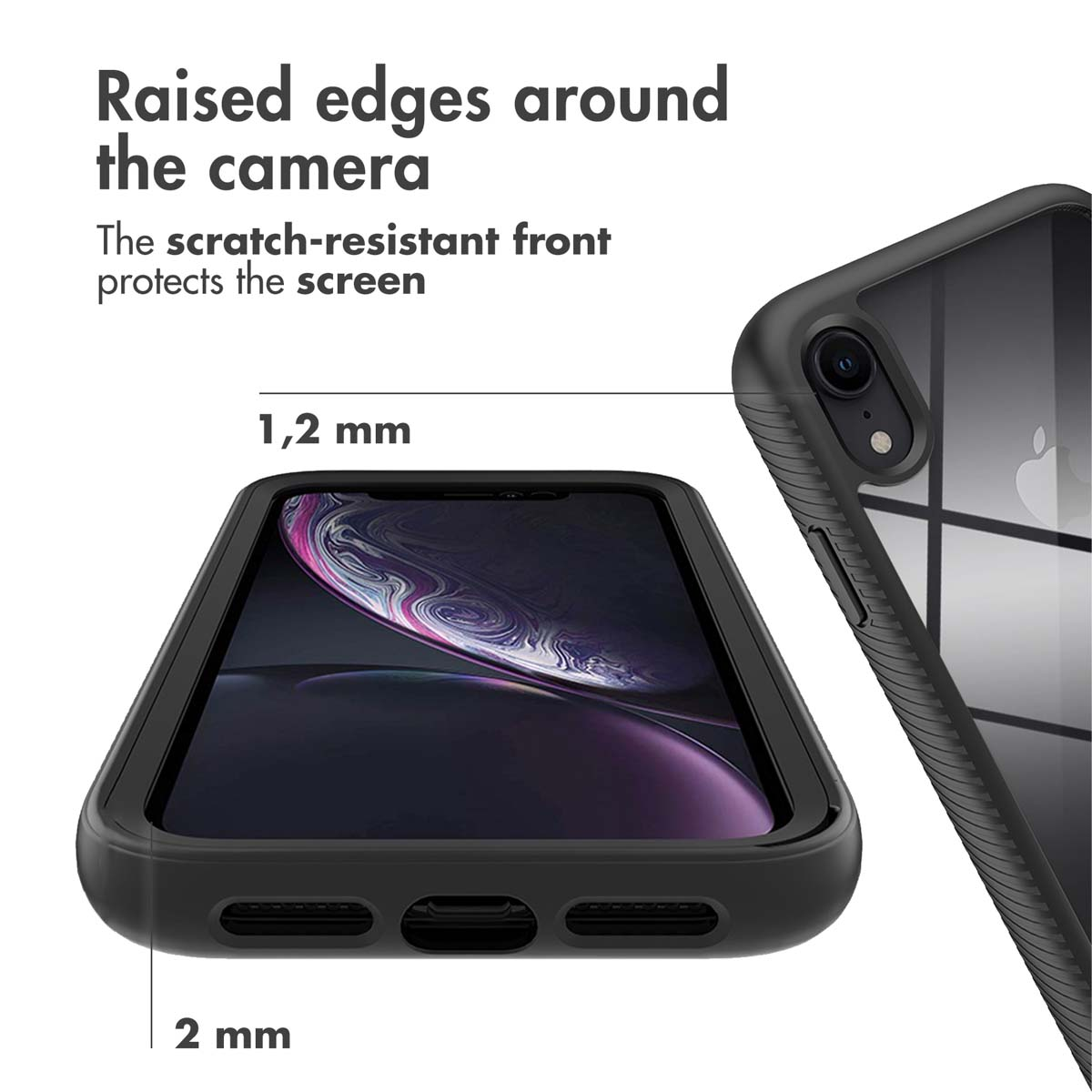 Smartphone en funda protectora con medidas que resaltan los bordes elevados.