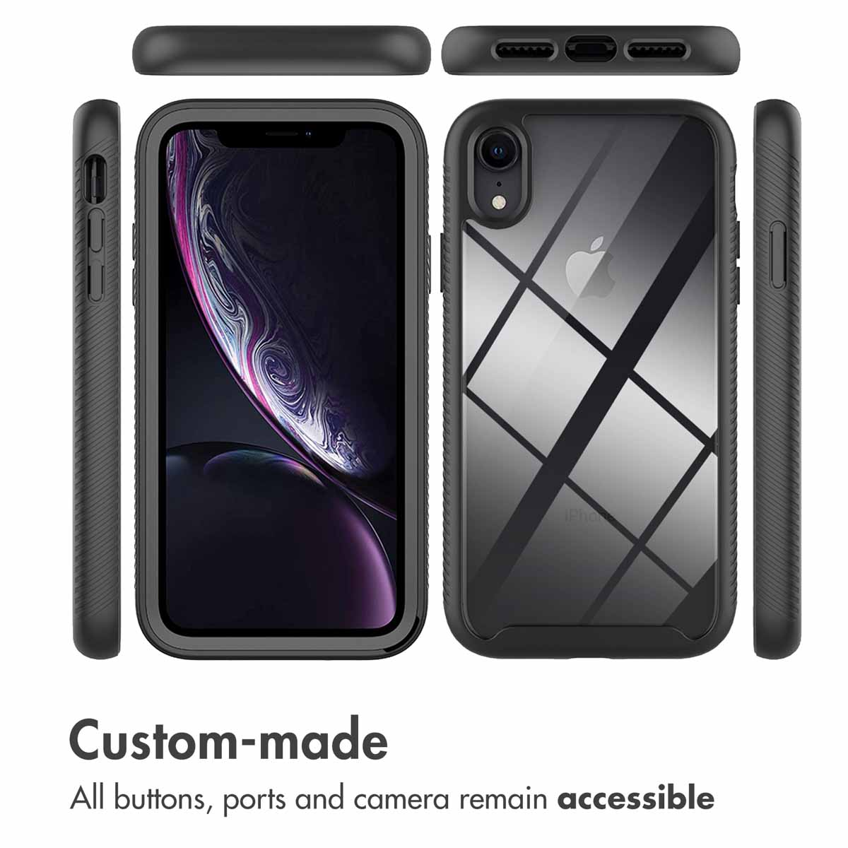 Fundas protectoras negras para smartphone vistas desde todos los lados, con botones accesibles.