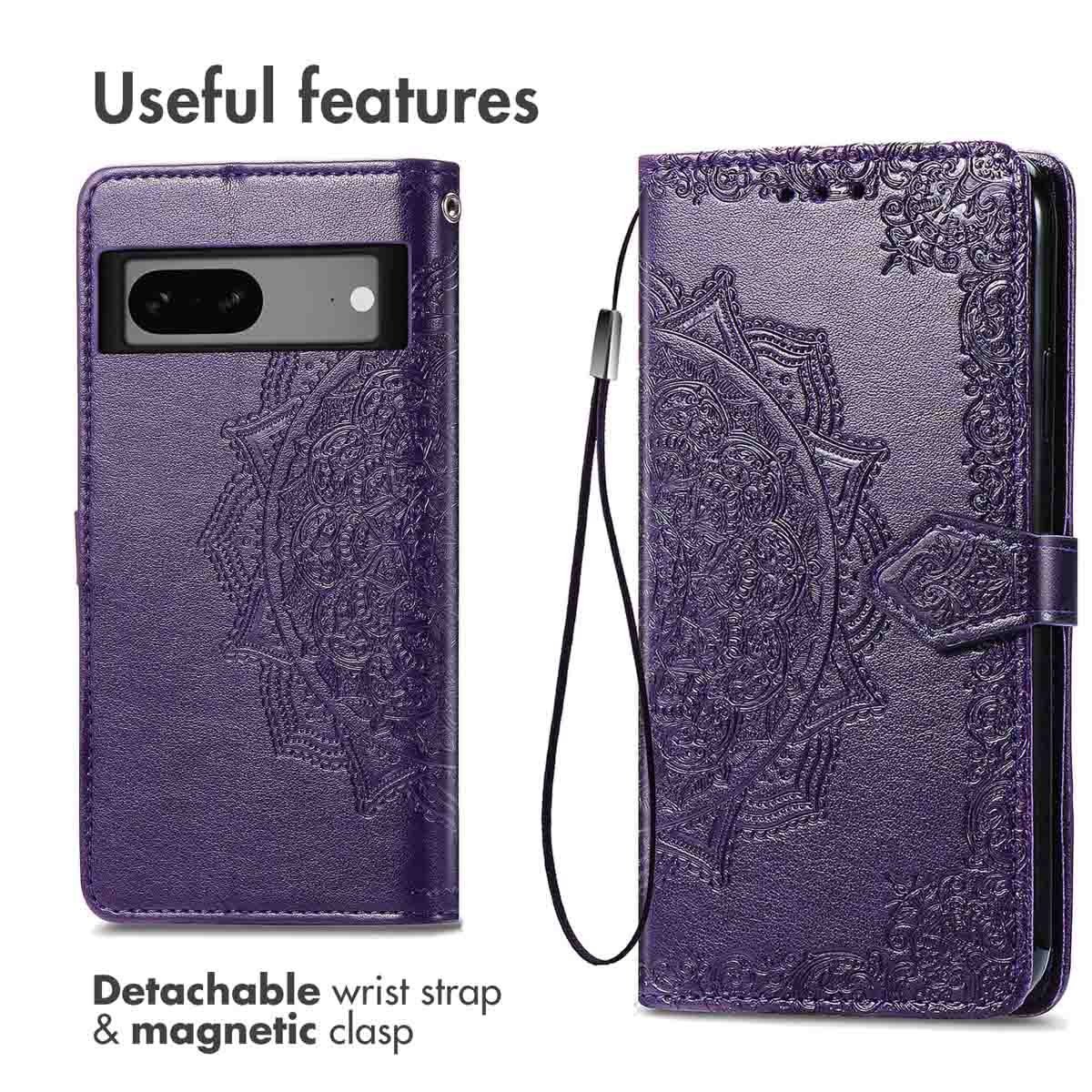 Custodia per telefono in pelle viola goffrata con design mandala, laccetto da polso e chiusura magnetica, fronte e retro.