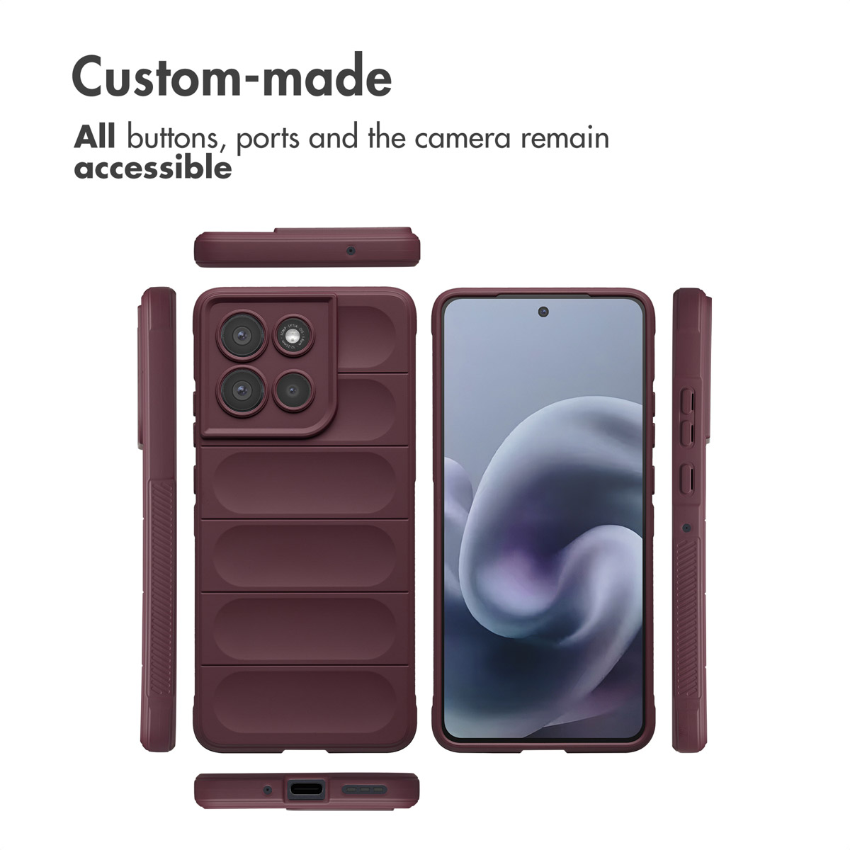 Verschiedene Ansichten einer dunkelroten Smartphone-Hülle mit gepolstertem Design und offenem Display.