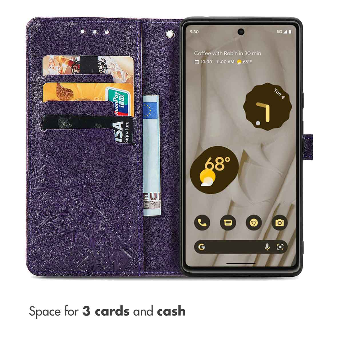 Custodia a portafoglio viola con design mandala, tre scomparti per carte, tasca per contanti e smartphone.